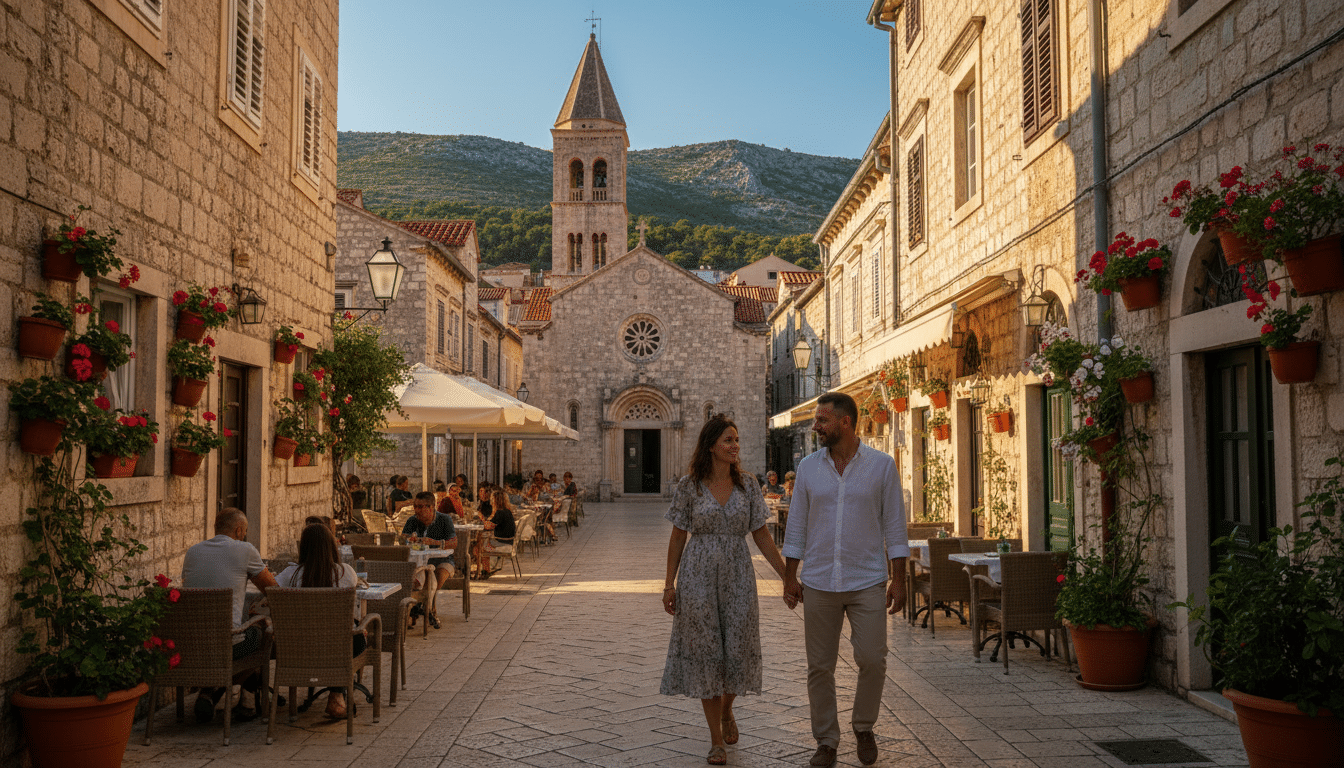 A picturesque view of a quaint town street in Šibenik, Croatia, showcasing a charming church at the focal point. The church features ornate architecture with detailed stone carvings and a tall steeple, surrounded by narrow cobblestone streets lined with vibrant, blooming flower pots. In the foreground, a couple dressed in modest, casual clothing strolls hand-in-hand, embodying the local culture. The middle ground captures lively outdoor cafes buzzing with patrons enjoying traditional Croatian dishes. In the background, sun-drenched hills rise against a clear blue sky, casting soft shadows on the street below. The scene is illuminated by warm, golden hour lighting, creating a welcoming atmosphere, reminiscent of everyday life in Šibenik. The overall composition has a photorealistic quality, with natural colors and a DSLR-like depth of field, focusing on the endearing moments of local culture.