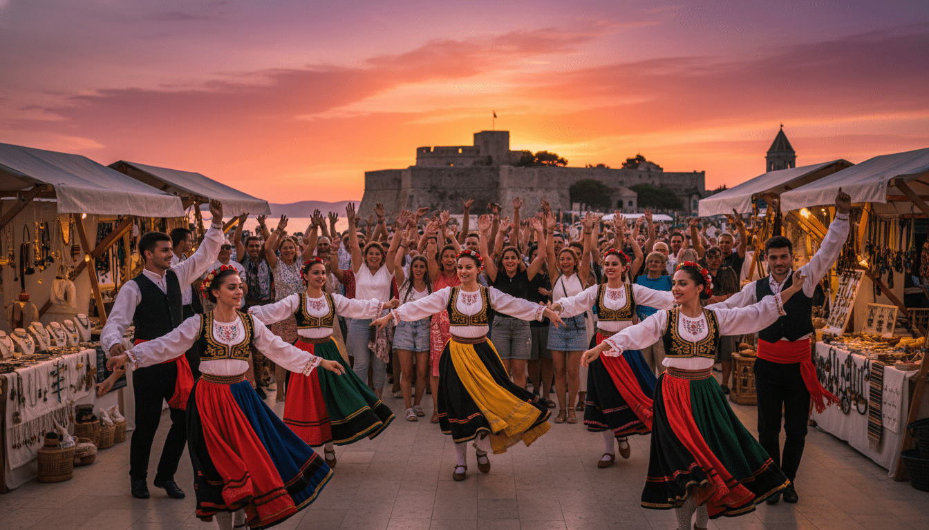 A vibrant dance festival scene set in the picturesque coastal town of Šibenik, Croatia, during sunset. In the foreground, enthusiastic dancers from diverse backgrounds, dressed in colorful, modest festival attire, are joyfully performing traditional dances. The middle section features a lively crowd, capturing the spirit of celebration with hands raised and happy faces. Stalls with local crafts and festival food line the sides, showcasing the cultural richness of the event. In the background, the iconic Šibenik fortress stands silhouetted against a vivid orange and purple sky, reflecting the warm ambiance. The lighting is soft and golden, mimicking the natural glow of dusk, with a shallow depth of field to focus on the dancers, while the cityscape softly blurs, creating a dreamy atmosphere.