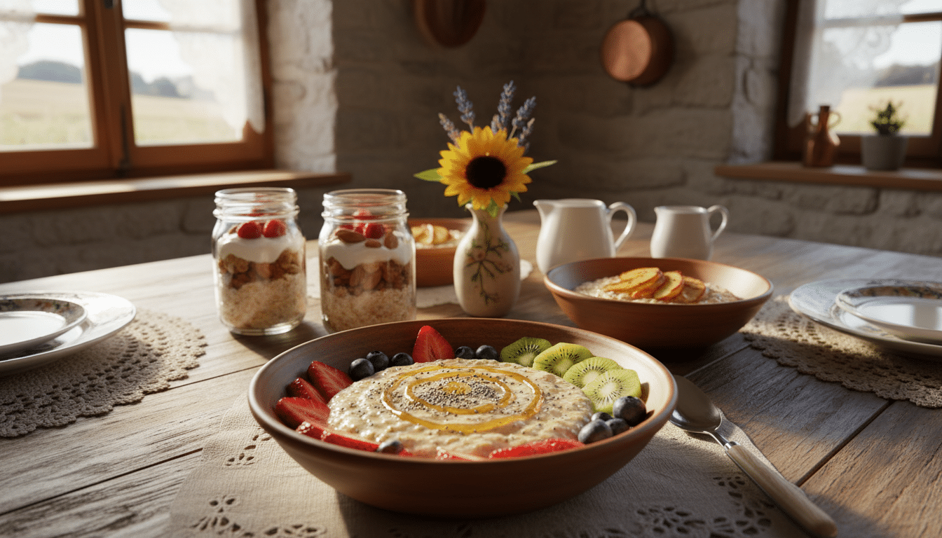 A beautifully arranged breakfast scene featuring a variety of nutritious oatmeal options, including bowls of oatmeal topped with fresh fruits like berries, bananas, and sliced apples. In the foreground, focus on a steaming bowl of oatmeal garnished with chia seeds and a drizzle of honey, with a spoon resting beside it. In the middle background, display additional oatmeal dishes, such as overnight oats in mason jars with layers of yogurt and nuts, alongside a small pitcher of almond milk. The setting is a rustic wooden table, decorated with a bright sunflower or wildflowers in a simple vase, capturing the essence of a cozy Croatian kitchen. Soft morning light filters in, creating a warm and inviting atmosphere, with natural colors and a photorealistic style reminiscent of a DSLR photograph. A beautifully arranged breakfast scene featuring a variety of nutritious oatmeal options, including bowls of oatmeal topped with fresh fruits like berries, bananas, and sliced apples. In the foreground, focus on a steaming bowl of oatmeal garnished with chia seeds and a drizzle of honey, with a spoon resting beside it. In the middle background, display additional oatmeal dishes, such as overnight oats in mason jars with layers of yogurt and nuts, alongside a small pitcher of almond milk. The setting is a rustic wooden table, decorated with a bright sunflower or wildflowers in a simple vase, capturing the essence of a cozy Croatian kitchen. Soft morning light filters in, creating a warm and inviting atmosphere, with natural colors and a photorealistic style reminiscent of a DSLR photograph.