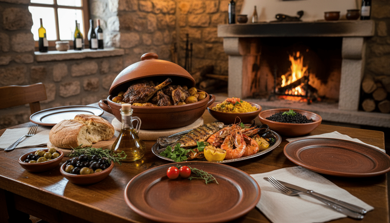 A beautifully set table in a charming Croatian restaurant, showcasing an array of authentic Croatian dishes like Peka and fresh seafood, presented in generous portions. The foreground features a traditional wooden table adorned with rustic tableware and vibrant ingredients like fresh herbs and olives. In the middle, there are elegantly plated meals, radiating colors of deep reds, greens, and golden browns. The background reveals a cozy restaurant ambiance with soft lighting, enhancing the warmth and inviting atmosphere, highlighted by rustic stone walls and wooden beams. Captured with a DSLR lens, the photo emphasizes rich textures and natural colors, creating a photorealistic feel that invites viewers to savor the essence of Croatian cuisine and enjoy substantial portion sizes. A beautifully set table in a charming Croatian restaurant, showcasing an array of authentic Croatian dishes like Peka and fresh seafood, presented in generous portions. The foreground features a traditional wooden table adorned with rustic tableware and vibrant ingredients like fresh herbs and olives. In the middle, there are elegantly plated meals, radiating colors of deep reds, greens, and golden browns. The background reveals a cozy restaurant ambiance with soft lighting, enhancing the warmth and inviting atmosphere, highlighted by rustic stone walls and wooden beams. Captured with a DSLR lens, the photo emphasizes rich textures and natural colors, creating a photorealistic feel that invites viewers to savor the essence of Croatian cuisine and enjoy substantial portion sizes.