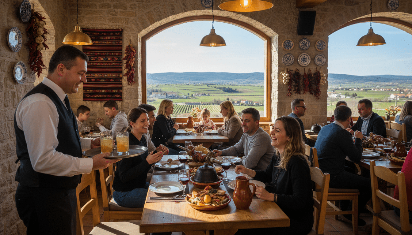 A bustling Croatian restaurant interior, featuring a diverse group of patrons engaged in conversations around wooden tables adorned with traditional local dishes. In the foreground, a friendly waiter, dressed in professional attire, is cheerfully serving drinks. The middle ground highlights the rich decor with traditional Croatian motifs and warm lighting, creating an inviting atmosphere. In the background, large windows reveal a picturesque view of the Croatian countryside. Soft daylight filters through, casting gentle shadows and bringing out natural colors in the scene. The overall mood is lively, reflecting cultural authenticity and the nuances of local dining experiences, set in a photorealistic style with a DSLR look, focusing on the warmth and charm of Croatian hospitality.
