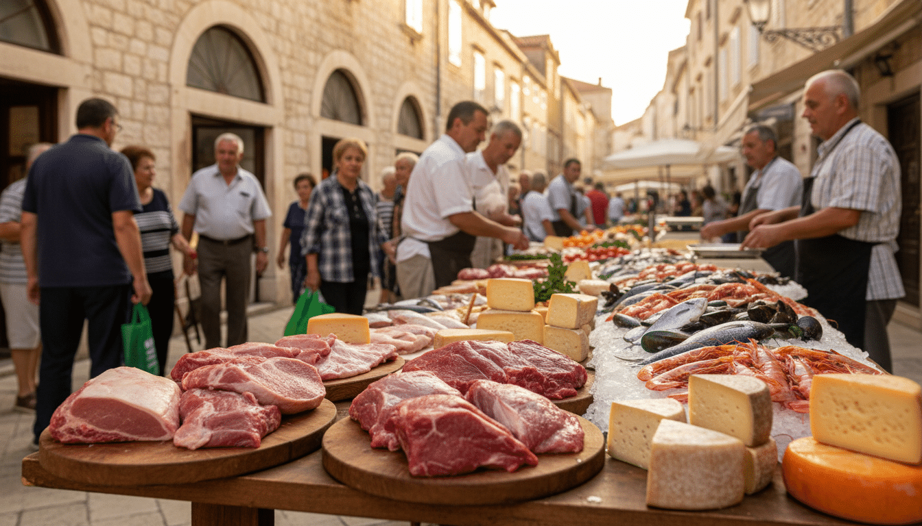 A bustling market scene in Šibenik featuring neatly arranged displays of fresh meat, artisanal cheeses, and a variety of seafood on ice. In the foreground, a wooden table showcases vibrant cuts of meat like pork and beef, alongside wedges of aged cheese and colorful seafood such as shrimp and fish, glistening with freshness. In the middle, vendors in modest casual clothing engage with shoppers, their friendly expressions capturing the lively market atmosphere. The background includes charming stone buildings typical of Šibenik, with natural light filtering through, creating a warm, inviting mood. The image should have a photorealistic quality, employing a DSLR-like depth of field to emphasize the vivid colors and textures of the food items without any text or distractions.
