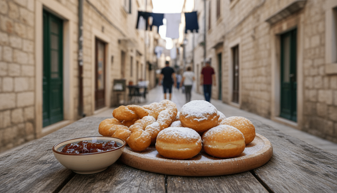 A close-up view of freshly fried Croatian pastries, golden and crispy, placed on a traditional wooden table. The pastries, resembling sweet fritters and doughnuts, are dusted with powdered sugar and accompanied by a small bowl of fruit preserves. In the background, a quaint Šibenik street is softly blurred, with warm sunlight casting gentle shadows, adding a welcoming ambiance to the scene. The lighting is natural, highlighting the textures of the pastries and the rustic charm of the setting. Capture the image from a slightly elevated angle to showcase both the pastries and the inviting background. The overall mood is festive and homey, evoking the rich culinary tradition of Croatia. A close-up view of freshly fried Croatian pastries, golden and crispy, placed on a traditional wooden table. The pastries, resembling sweet fritters and doughnuts, are dusted with powdered sugar and accompanied by a small bowl of fruit preserves. In the background, a quaint Šibenik street is softly blurred, with warm sunlight casting gentle shadows, adding a welcoming ambiance to the scene. The lighting is natural, highlighting the textures of the pastries and the rustic charm of the setting. Capture the image from a slightly elevated angle to showcase both the pastries and the inviting background. The overall mood is festive and homey, evoking the rich culinary tradition of Croatia.
