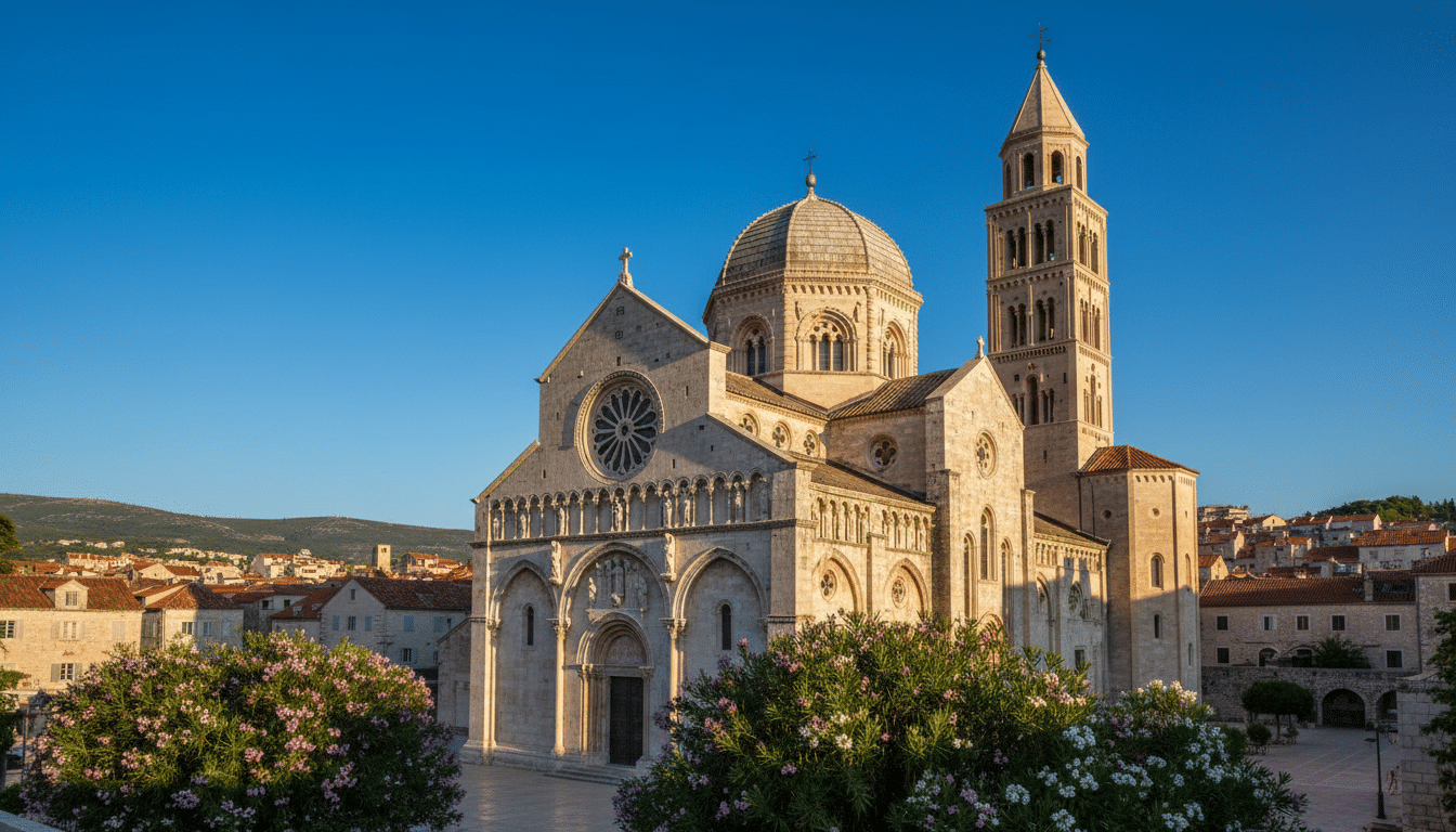 A majestic stone cathedral in Šibenik, Croatia, dominates the scene, showcasing intricate carvings and gothic arches against a clear blue sky. The foreground features lush greenery with flowering shrubs, adding a touch of color and life. In the middle ground, the cathedral's detailed facade and towering spires reflect the warm afternoon sunlight, illuminating the textured surfaces and creating deep shadows. The background showcases the hilltop town of Šibenik, with terracotta rooftops and red-tiled buildings nestled against a backdrop of gentle hills. The atmosphere is serene, evoking a sense of reverence and history. The image is captured with a DSLR perspective, highlighting the cathedral's grandeur and inviting viewers to appreciate its architectural beauty and the sacred customs associated with it.