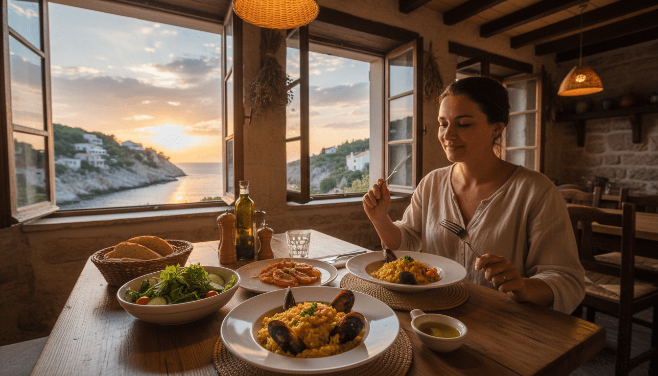A picturesque dining scene in a quaint Croatian restaurant during the golden hour, showcasing a traditional wooden table set with a variety of local dishes such as seafood risotto, fresh salads, and olive oil. In the foreground, a traveler in modest casual clothing enjoys a meal, glancing at the vibrant food with a satisfied expression. In the middle ground, the restaurant's rustic decor, including wooden beams and hanging lanterns, enhances the warm, inviting atmosphere. In the background, through open windows, the stunning Croatian coastline is visible, bathed in soft, natural light. The composition is photorealistic, resembling a DSLR capture with natural colors, highlighting a cozy, relaxed ambiance ideal for travelers seeking authentic dining experiences.