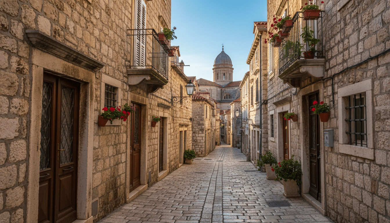 A picturesque view of Šibenik's old town stone streets, showcasing narrow alleyways lined with ancient buildings featuring intricate stonework and charming facades. In the foreground, cobbled streets glisten in the soft morning light, their weathered textures telling tales of history. The middle ground reveals rustic doorways and small balconies adorned with colorful flowers, inviting a sense of warmth and community. In the background, the silhouette of a historical church tower rises against a clear blue sky, highlighting the architectural beauty of the region. Capture this scene with a DSLR perspective, using natural colors and a focus on the details of the stone, evoking a serene and timeless atmosphere that reflects the cultural richness of Šibenik. A picturesque view of Šibenik's old town stone streets, showcasing narrow alleyways lined with ancient buildings featuring intricate stonework and charming facades. In the foreground, cobbled streets glisten in the soft morning light, their weathered textures telling tales of history. The middle ground reveals rustic doorways and small balconies adorned with colorful flowers, inviting a sense of warmth and community. In the background, the silhouette of a historical church tower rises against a clear blue sky, highlighting the architectural beauty of the region. Capture this scene with a DSLR perspective, using natural colors and a focus on the details of the stone, evoking a serene and timeless atmosphere that reflects the cultural richness of Šibenik.