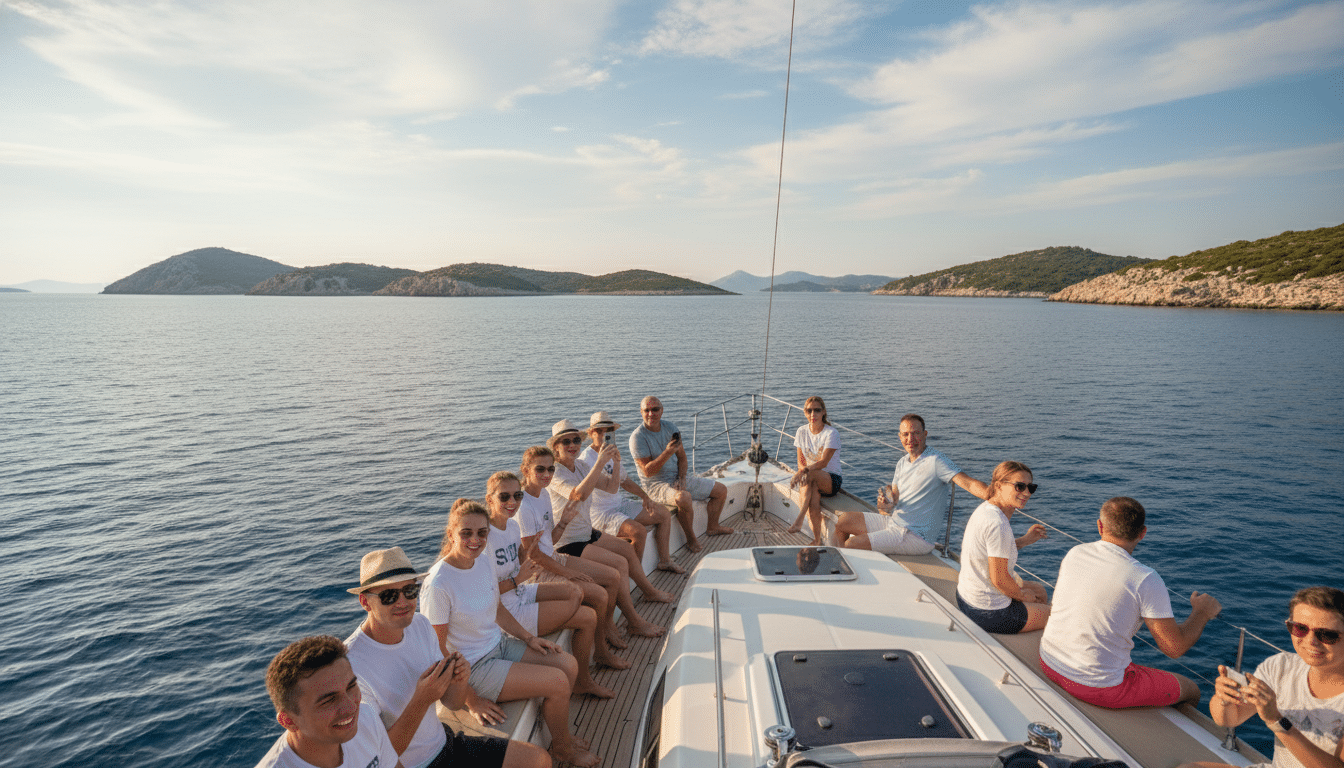 A scenic view of a boat tour around the Kornati Islands, capturing a vibrant blue sea reflecting a clear sky dotted with soft white clouds. In the foreground, a sleek sailboat with cheerful tourists in modest casual clothing enjoying the sun and taking pictures. The middle ground showcases a series of rugged, lush green islands with rocky outcrops, dotted with sparse Mediterranean vegetation. In the background, the horizon fades into the shimmering ocean, with distant islands providing depth to the scene. The lighting is warm and inviting, suggesting midday, with soft shadows enhancing the textures of the boat and the landscape. The composition is captured with a wide-angle lens for a panoramic effect, conveying a sense of adventure and tranquility in this stunning natural paradise.