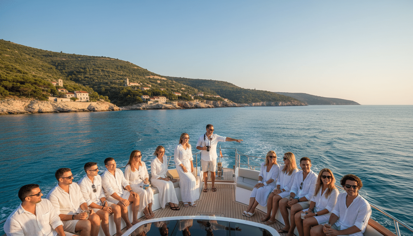A serene boat cruise on the Adriatic Sea, showcasing a sleek, modern boat gliding through vibrant turquoise waters. In the foreground, the boat includes diverse passengers, dressed in casual summer clothing, laughing and enjoying the scenery. The middle ground features picturesque coastal cliffs dotted with lush greenery and quaint Mediterranean villages with terracotta roofs. In the background, a clear blue sky reflects the warmth of the sun, casting soft golden light across the scene. The image captures the harmonious blend of nature and cultural maritime experiences. Use a wide-angle perspective for a sweeping view, emphasizing the beauty of the Adriatic landscape in photorealistic detail, with rich natural colors and a DSLR-like clarity. The overall mood is inviting and tranquil, embodying the essence of leisurely exploration on the water.