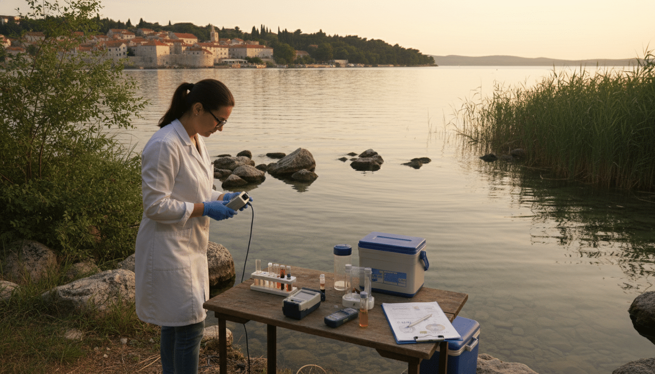 A serene lakeside scene in Šibenik, showcasing water quality monitoring efforts. In the foreground, a professional in a lab coat uses a water testing kit, with various advanced instruments and a clipboard placed on a nearby wooden table. The middle ground features clear, rippling water reflecting the soft golden light of the late afternoon sun, surrounded by lush greenery and occasional rocks. In the background, a picturesque view of Šibenik's historic architecture peeks through the trees, adding depth. The overall atmosphere is calm and professional, emphasizing the importance of monitoring water quality. The image should have natural colors and a photorealistic quality, capturing the essence of environmental science in action. A serene lakeside scene in Šibenik, showcasing water quality monitoring efforts. In the foreground, a professional in a lab coat uses a water testing kit, with various advanced instruments and a clipboard placed on a nearby wooden table. The middle ground features clear, rippling water reflecting the soft golden light of the late afternoon sun, surrounded by lush greenery and occasional rocks. In the background, a picturesque view of Šibenik's historic architecture peeks through the trees, adding depth. The overall atmosphere is calm and professional, emphasizing the importance of monitoring water quality. The image should have natural colors and a photorealistic quality, capturing the essence of environmental science in action.