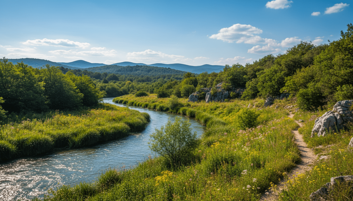 A serene landscape showcasing nature-focused day trips from Šibenik. In the foreground, a tranquil river flows through lush, green foliage, with gentle ripples reflecting sunlight. In the middle ground, a picturesque hiking trail meanders through dense forests, featuring vibrant wildflowers and rocky outcrops, inviting exploration. The background reveals distant, rolling hills covered in rich, forested areas, with the iconic Krka National Park visible under a bright blue sky dotted with soft, white clouds. The scene is bathed in warm, natural sunlight, enhancing the photorealism of the image. Capture this moment with a DSLR lens at a slight angle, emphasizing depth and the tranquility of nature. The overall mood is peaceful and inspiring, perfect for outdoor adventure enthusiasts. A serene landscape showcasing nature-focused day trips from Šibenik. In the foreground, a tranquil river flows through lush, green foliage, with gentle ripples reflecting sunlight. In the middle ground, a picturesque hiking trail meanders through dense forests, featuring vibrant wildflowers and rocky outcrops, inviting exploration. The background reveals distant, rolling hills covered in rich, forested areas, with the iconic Krka National Park visible under a bright blue sky dotted with soft, white clouds. The scene is bathed in warm, natural sunlight, enhancing the photorealism of the image. Capture this moment with a DSLR lens at a slight angle, emphasizing depth and the tranquility of nature. The overall mood is peaceful and inspiring, perfect for outdoor adventure enthusiasts.