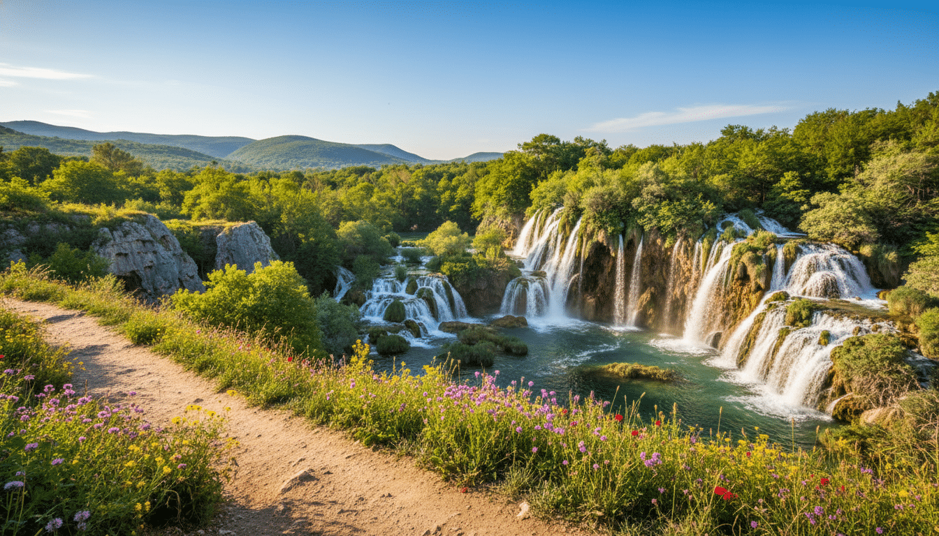 A stunning, photorealistic view of Krka National Park, showcasing the breathtaking waterfalls and lush greenery. In the foreground, a winding path leads through vibrant wildflowers, inviting visitors to explore. The middle ground features the iconic cascading waterfalls, with crystal-clear turquoise water flowing down the rocks, framed by tall trees and rugged cliffs. In the background, soft, sunlit hills stretch into the distance under a bright blue sky. The lighting is warm and natural, capturing the early afternoon glow, emphasizing the rich colors of the landscape. The scene conveys a sense of adventure and tranquility, perfect for planning an easy day trip from Šibenik. The composition is shot with a DSLR, focusing on the vibrant details of nature and the serene atmosphere of the park.