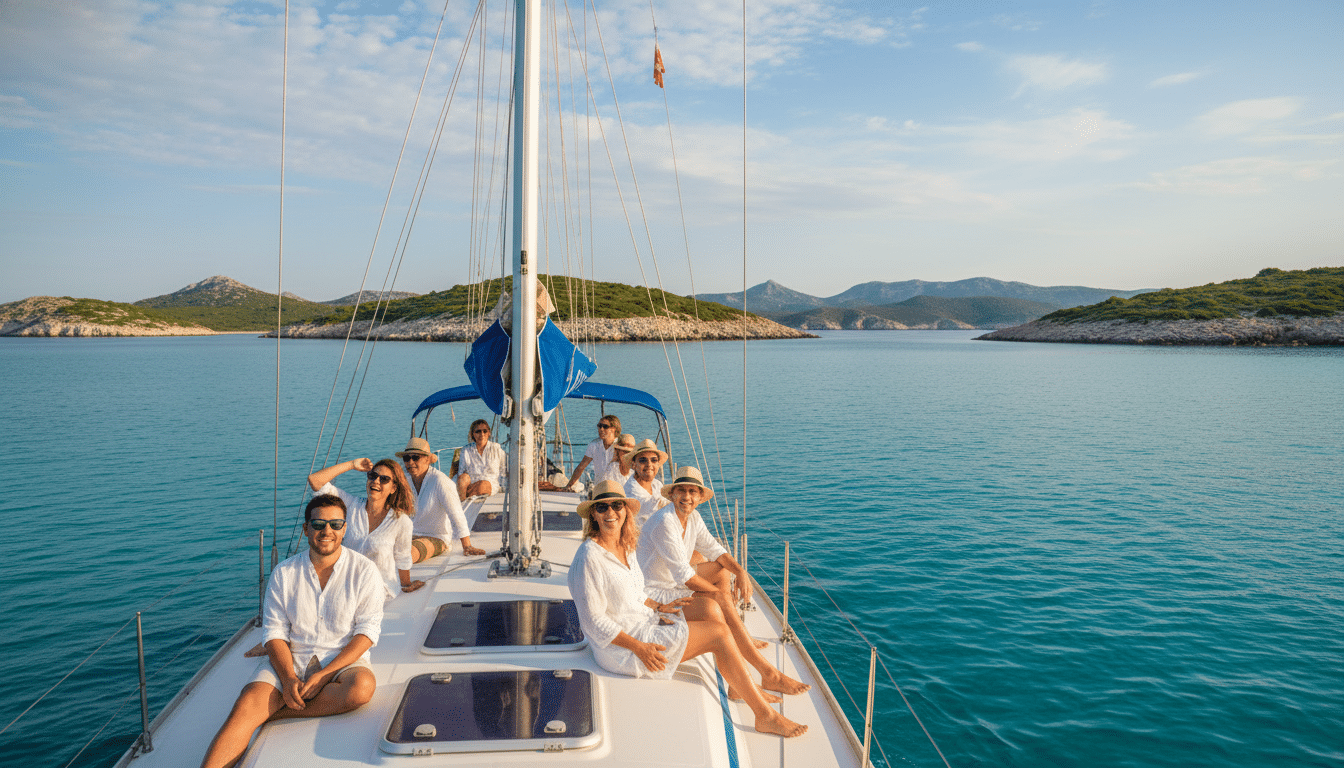 A stunning view of a sailing tour in the Kornati Islands, showcasing a vibrant sailboat gliding through the crystal-clear turquoise waters. In the foreground, the boat is filled with cheerful passengers dressed in modest casual clothing, enjoying the sun and sea breeze. The middle ground reveals a group of idyllic, rugged islands with lush greenery and rocky coastlines, arching gracefully against the horizon. The background captures a brilliant blue sky with fluffy white clouds, creating a serene and tranquil atmosphere. Soft sunlight bathes the scene, enhancing the natural colors and textures. The composition should resemble a high-quality DSLR photograph, with a focus on realism and captivating detail.