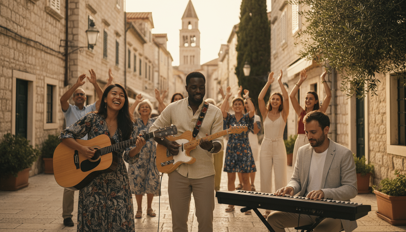 A vibrant scene depicting a group of diverse musicians from Šibenik, showcasing their passion and creativity. In the foreground, three musicians of different ethnicities, dressed in smart casual attire, play acoustic and electric guitars, and a keyboard, captured mid-performance. The middle ground features a small crowd, engaged and enjoying the music, their expressions lively and joyful. The background features the picturesque streets of Šibenik, with historic architecture and greenery, bathed in warm, golden sunlight, suggesting a late afternoon ambiance. The image should have a photorealistic quality, with natural colors, sharp details, and a DSLR-like clarity, enhancing the energetic yet relaxed atmosphere of this musical gathering. A vibrant scene depicting a group of diverse musicians from Šibenik, showcasing their passion and creativity. In the foreground, three musicians of different ethnicities, dressed in smart casual attire, play acoustic and electric guitars, and a keyboard, captured mid-performance. The middle ground features a small crowd, engaged and enjoying the music, their expressions lively and joyful. The background features the picturesque streets of Šibenik, with historic architecture and greenery, bathed in warm, golden sunlight, suggesting a late afternoon ambiance. The image should have a photorealistic quality, with natural colors, sharp details, and a DSLR-like clarity, enhancing the energetic yet relaxed atmosphere of this musical gathering.