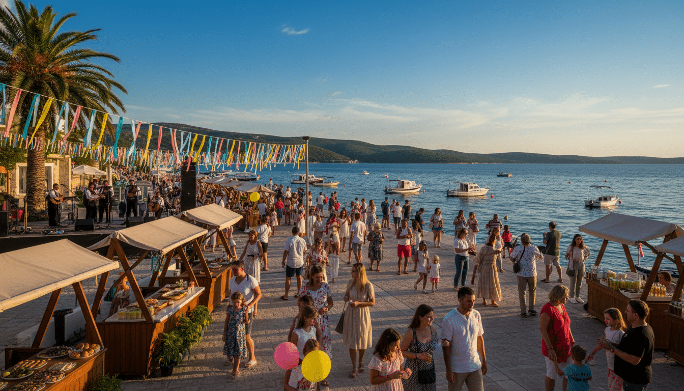 A vibrant scene of the Vodice summer festival along the waterfront, capturing the lively atmosphere and unique charm of the coastal town. In the foreground, families and friends in modest, casual clothing enjoy food stalls and live music, with colorful decorations adding to the festive spirit. The middle ground features the sparkling Adriatic Sea dotted with small boats, while cheerful crowds gather along the promenade, showcasing the vibrant energy of the festival. In the background, lush green hills rise against a clear blue sky, illuminated by the warm golden glow of late afternoon sunlight. The image should have a photorealistic quality, evoking a sense of joy and community, with natural colors and a DSLR-like perspective.