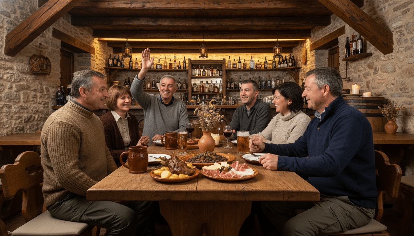 A warm and inviting cozy tavern scene in Šibenik, featuring rustic wooden beams and stone walls. In the foreground, a wooden table with traditional Croatian dishes and mugs of local beer, surrounded by simple yet charming decor. The middle ground showcases a group of locals, dressed in modest casual clothing, engaged in animated conversation, creating a sense of community. The background reveals a softly lit bar area with shelves of homemade spirits and wines, illuminated by warm, golden lighting that accentuates the cozy atmosphere. The overall mood is welcoming, evoking a feeling of comfort and local charm, captured with a photorealistic, DSLR look emphasizing natural colors and details.