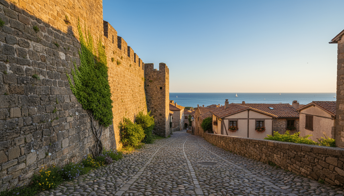 An ancient medieval old town wall, towering with weathered stone, entwined with vibrant green ivy. In the foreground, rustic cobblestone streets lead towards the wall, dotted with blooming wildflowers. The middle ground features a quaint pathway winding through the town, flanked by charming, historical buildings with terracotta roofs. In the background, a serene coastal landscape is visible, where the azure sea meets a clear blue sky. The scene is bathed in warm, golden hour lighting, casting soft shadows and enhancing the textures of the stone. A wide-angle shot captures the grandeur of the wall, evoking a sense of timelessness and tranquility while inviting viewers to explore hidden gems. The atmosphere is peaceful and enchanting, perfect for a scenic escape. An ancient medieval old town wall, towering with weathered stone, entwined with vibrant green ivy. In the foreground, rustic cobblestone streets lead towards the wall, dotted with blooming wildflowers. The middle ground features a quaint pathway winding through the town, flanked by charming, historical buildings with terracotta roofs. In the background, a serene coastal landscape is visible, where the azure sea meets a clear blue sky. The scene is bathed in warm, golden hour lighting, casting soft shadows and enhancing the textures of the stone. A wide-angle shot captures the grandeur of the wall, evoking a sense of timelessness and tranquility while inviting viewers to explore hidden gems. The atmosphere is peaceful and enchanting, perfect for a scenic escape.