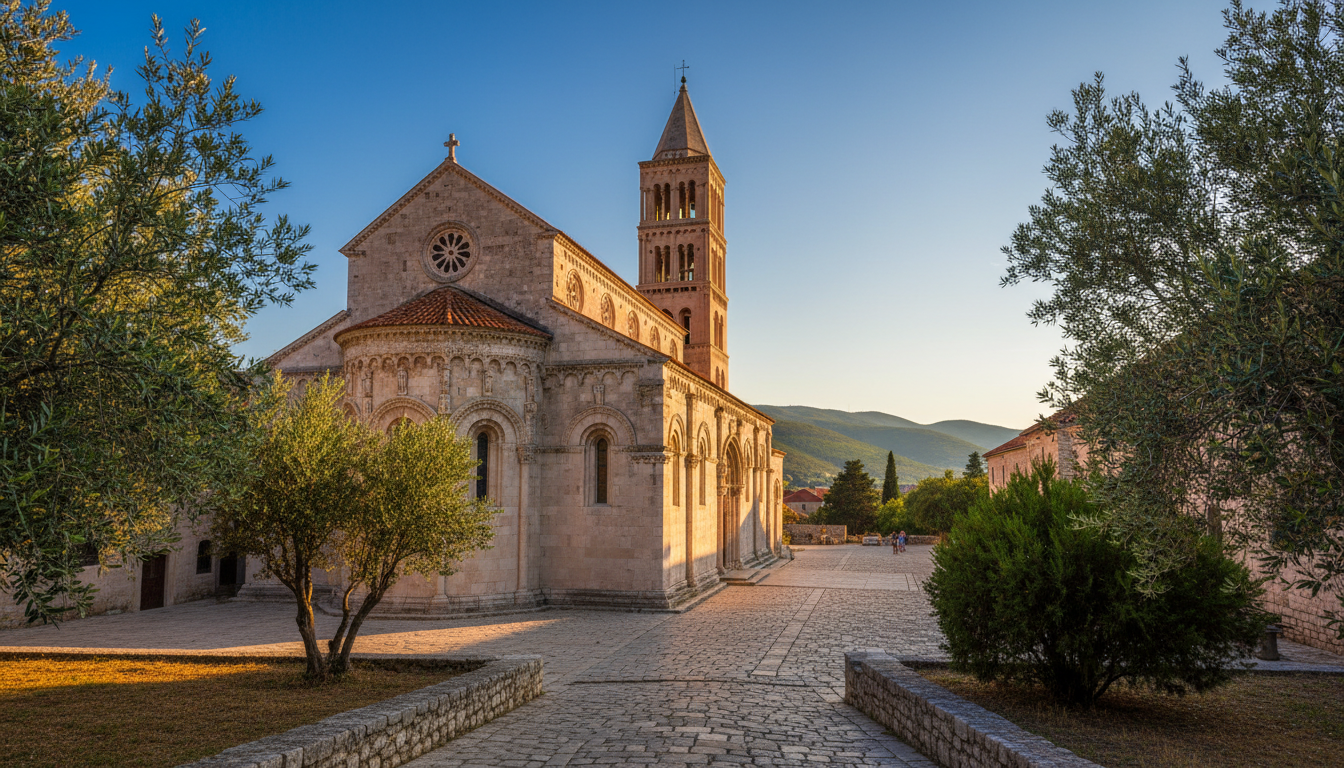 A breathtaking view of a historic stone church in Šibenik, showcasing intricate architectural details such as arched windows, ornate stone carvings, and a tall bell tower. In the foreground, lush greenery frames the church, adding a touch of nature. In the middle ground, the church stands majestically against a clear blue sky, casting soft shadows on the cobblestone path leading to its entrance. The background features picturesque hills, enhancing the serene atmosphere. The scene is bathed in warm, golden light during golden hour, creating a peaceful ambiance. The composition should have a DSLR perspective, with a focus on depth and clarity, ensuring a photorealistic appearance that captures the beauty and history of this architectural gem.