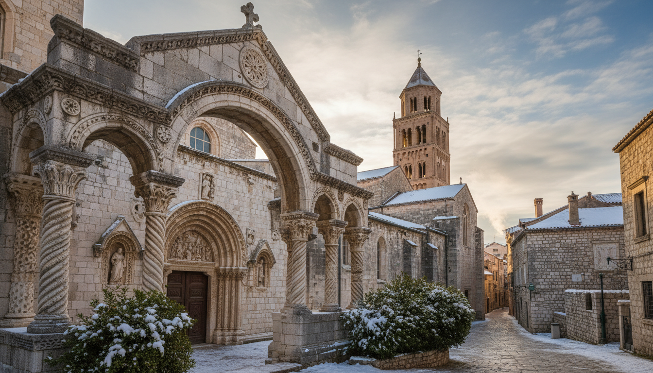A breathtaking view of historic church architecture in Šibenik, showcasing the intricate details of Gothic and Renaissance styles. In the foreground, ornate stone carvings and arched doorways invite the viewer in, framed by lush winter greenery dusted with snow. The middle ground features the façade of a majestic cathedral, its bell tower reaching towards a serene winter sky, while soft sunlight filters through scattered clouds, creating a warm glow on the stone. In the background, narrow cobblestone streets lead towards charming, snow-covered rooftops, enhancing the cozy atmosphere. The scene is captured at a low angle with a wide lens, lending depth to the image and emphasizing the grandeur of the architecture in this tranquil winter setting. Aim for a photorealistic representation with natural colors, evoking a peaceful and inviting mood.