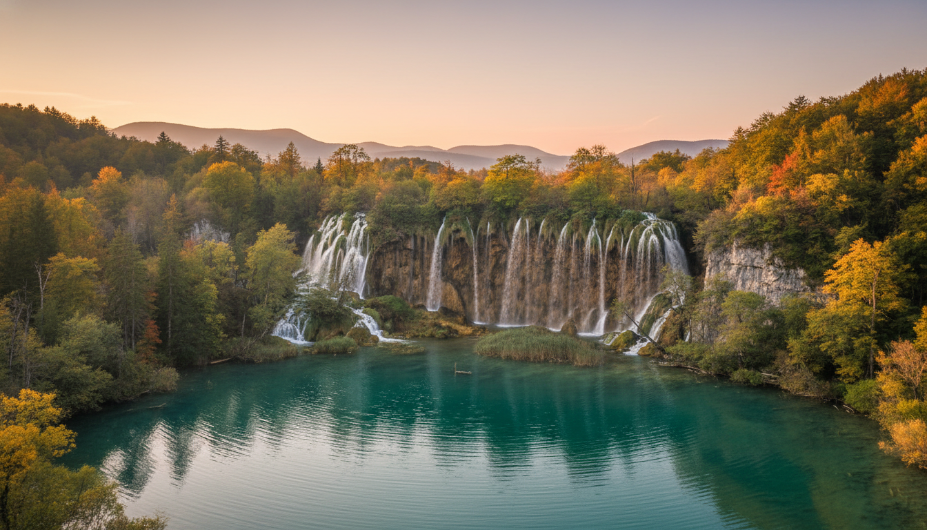 A breathtaking view of the Plitvice Lakes National Park waterfalls during the golden hour, showcasing cascading falls surrounded by lush greenery. In the foreground, a crystal-clear turquoise lake reflects the vibrant colors of autumn foliage, with gentle ripples creating a sense of tranquility. The middle ground features numerous waterfalls, tumbling over rocky ledges into the lake, with fine mist rising to catch the warm sunlight. In the background, dense forests and distant hills fade softly into a serene sky, illuminated by warm hues of orange and pink. The scene captures a peaceful, enchanting atmosphere, evoking a sense of wonder and exploration in nature's beauty, with photorealistic details and natural colors, resembling a high-quality DSLR photograph.