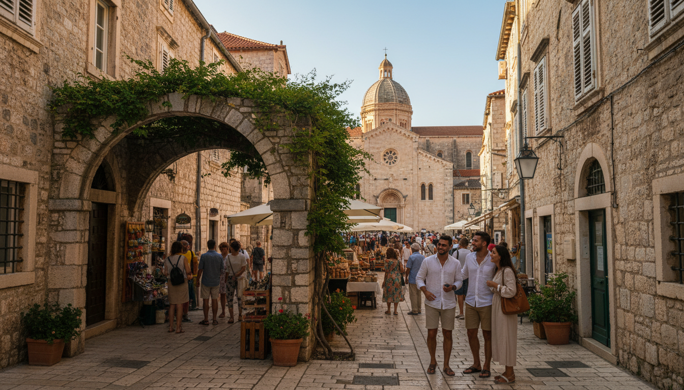 A charming view of Šibenik's old town streets, with narrow cobblestone alleys winding through historic buildings. In the foreground, a quaint stone archway leads into a bustling marketplace, where visitors stroll and explore. Lush greenery spills from window boxes along the rustic facades, casting gentle shadows in the warm afternoon light. In the middle ground, a group of people in modest casual clothing enjoy their surroundings, embodying the essence of a vibrant yet relaxed atmosphere. The background features the iconic cathedral with its intricate architectural details, standing tall against a clear blue sky. The scene captures the essence of exploring hidden gems in a picturesque coastal town, evoking a sense of discovery and charm. Photorealistic with natural colors, shot from a slightly elevated angle to encompass the rich textures of the streets, giving it a DSLR quality.