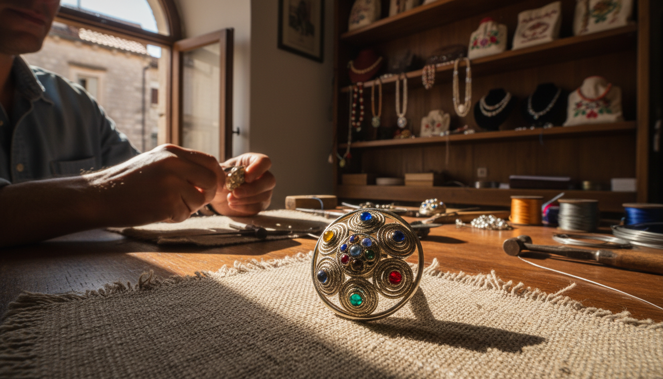 A close-up, photorealistic image of a traditional Šibenik button, intricately designed and adorned with vibrant colors, set against a warm, softly lit background resembling a cozy craft workshop. The foreground features the button prominently displayed on a rich wooden surface, with the texture of the fabric captured in exquisite detail. In the middle ground, a pair of skilled hands, wearing modest casual attire, carefully crafts another button, surrounded by vintage tools and threads, conveying a sense of artisanal passion. The background includes shelves filled with other unique jewelry pieces and natural sunlight filtering through a window, creating a warm and inviting atmosphere that reflects the rich cultural heritage of Šibenik. A close-up, photorealistic image of a traditional Šibenik button, intricately designed and adorned with vibrant colors, set against a warm, softly lit background resembling a cozy craft workshop. The foreground features the button prominently displayed on a rich wooden surface, with the texture of the fabric captured in exquisite detail. In the middle ground, a pair of skilled hands, wearing modest casual attire, carefully crafts another button, surrounded by vintage tools and threads, conveying a sense of artisanal passion. The background includes shelves filled with other unique jewelry pieces and natural sunlight filtering through a window, creating a warm and inviting atmosphere that reflects the rich cultural heritage of Šibenik.
