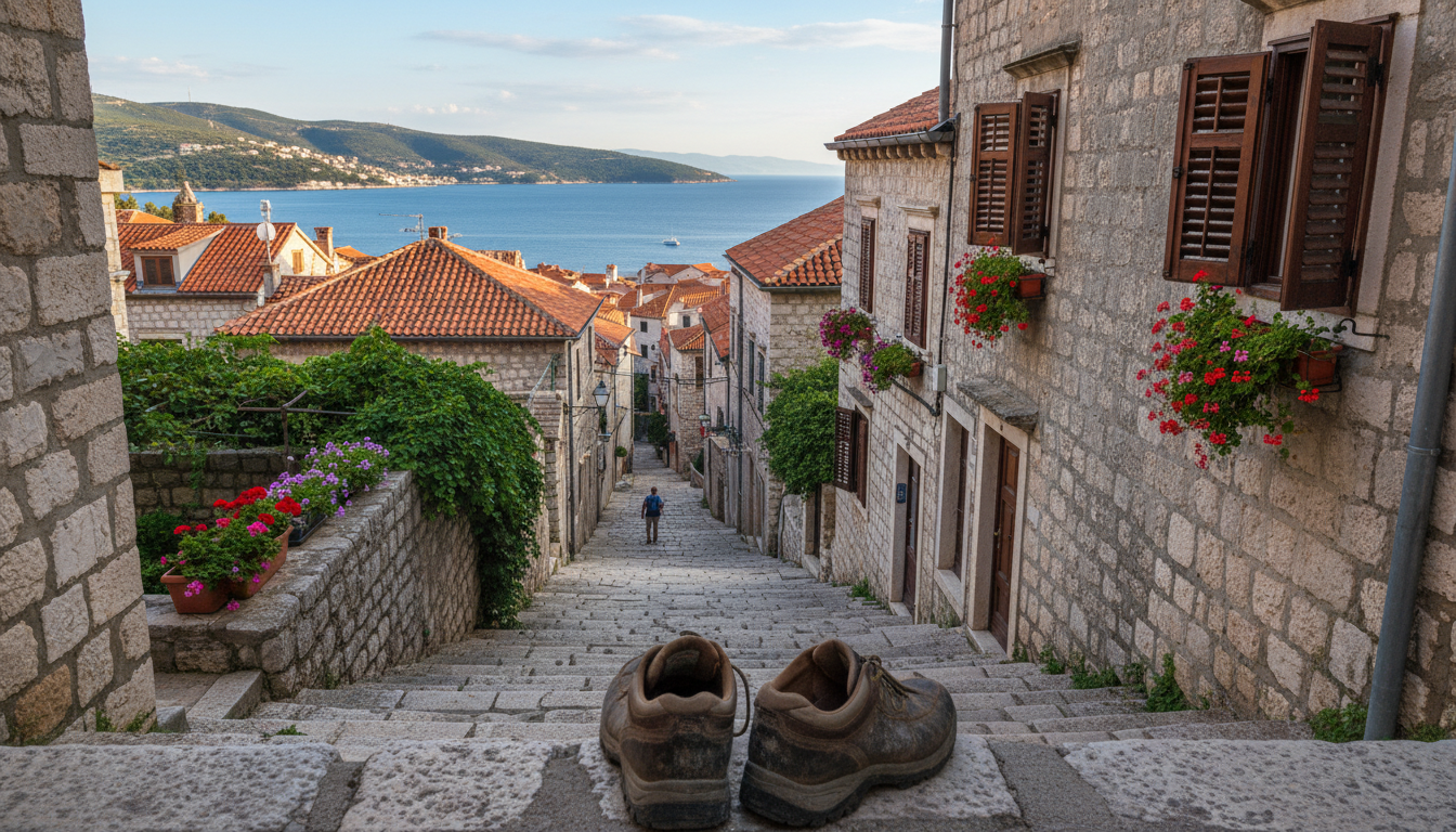 A photorealistic image capturing steep, winding streets of Šibenik, Croatia, showcasing the challenges of urban terrain. In the foreground, a pair of well-worn walking shoes rests on a cobblestone path, emphasizing the need for sturdy footwear. In the middle ground, the narrow streets climb sharply, lined with charming stone buildings and vibrant greenery peeking from window boxes, illustrating the picturesque yet demanding landscape. The background reveals the distant hills and azure sea under bright blue skies. The scene is bathed in soft, natural sunlight, creating warm highlights and gentle shadows, enhancing the inviting yet challenging atmosphere of this coastal town. The angle is slightly elevated, giving a sense of depth and perspective to the steepness of the streets, making the image both striking and relatable for travelers.