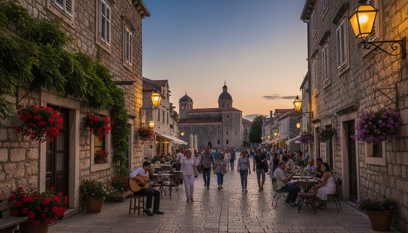 A picturesque evening scene of medieval streets in Šibenik, Croatia, capturing the charming cobblestone pathways lit by soft, warm lamplight. In the foreground, quaint, rustic buildings with stone facades are adorned with climbing vines and hanging flower boxes. The middle ground features a lively town square, where locals in modest casual clothing enjoy the evening ambiance, with a street musician playing a gentle tune. The background reveals the silhouette of the cathedral and ancient fortifications against a twilight sky, transitioning from deep blue to soft orange hues. The lighting is soft and inviting, reminiscent of a nostalgic summer evening, captured with a DSLR perspective that emphasizes depth and detail, creating a warm, welcoming atmosphere.