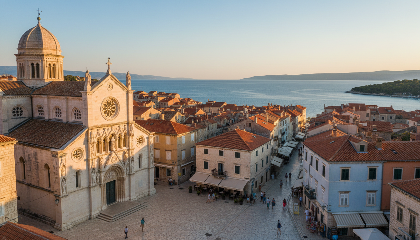 A picturesque view of Šibenik's old town, showcasing the stunning Cathedral of St. James in the foreground, made of white stone with intricate Gothic and Renaissance architecture. The cobblestone streets are lined with charming historic buildings, adorned with flowers and vibrant Mediterranean colors. In the middle ground, locals in modest casual clothing stroll past quaint cafés with outdoor seating, creating a lively atmosphere. The background features the shimmering Adriatic Sea against a clear blue sky, with distant hills providing depth. Capture this scene during golden hour for soft, warm lighting that enhances the textures of the buildings. Use a wide-angle lens perspective to emphasize the town's layout and intricate details, ensuring a photorealistic quality that reflects the unique charm of Šibenik.