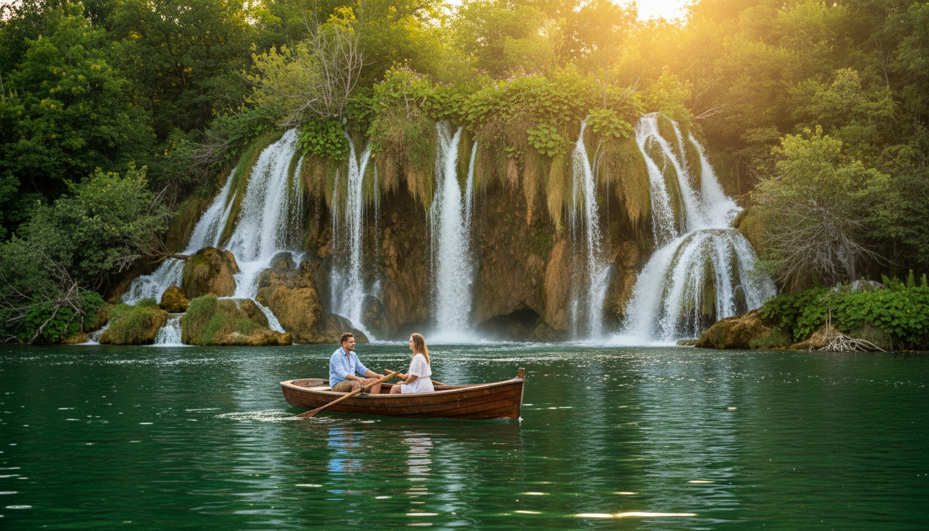 A stunning landscape showcasing Krka National Park, featuring the magnificent waterfalls cascading over lush green cliffs. In the foreground, a small wooden boat glides smoothly across the tranquil water, with two people dressed in modest casual clothing enjoying the scenery. The middle ground reveals a series of tiered waterfalls, surrounded by dense, vibrant foliage in various shades of green. In the background, the sun casts a warm golden light, illuminating the spray of the waterfalls and creating shimmering reflections in the water. The atmosphere is serene and inviting, conveying the natural beauty of this iconic location. The image should have a photorealistic quality, resembling a DSLR shot with clear, natural colors and a softly blurred background for depth.