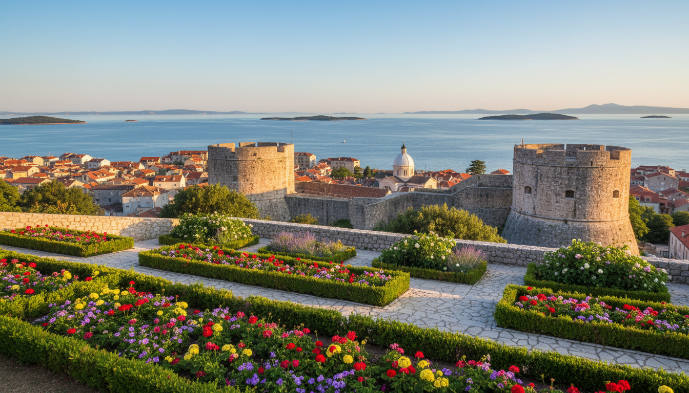 A stunning view of the historic Šibenik skyline showcasing its magnificent fortresses and lush gardens. In the foreground, vibrant flower beds bloom alongside manicured hedges, creating a colorful contrast. The middle ground highlights the impressive medieval fortresses, with their stone walls and watchtowers, bathed in warm golden sunlight, while a glimpse of the iconic St. James Cathedral can be seen nearby. In the background, the serene Adriatic Sea sparkles under a clear blue sky, with distant islands dotting the horizon. The scene is captured in a photorealistic style, using natural colors to evoke a peaceful and inviting atmosphere. The perspective is wide-angle, emphasizing the beauty of Šibenik's architectural heritage alongside its charming gardens, reflecting the essence of daily life in this picturesque city.