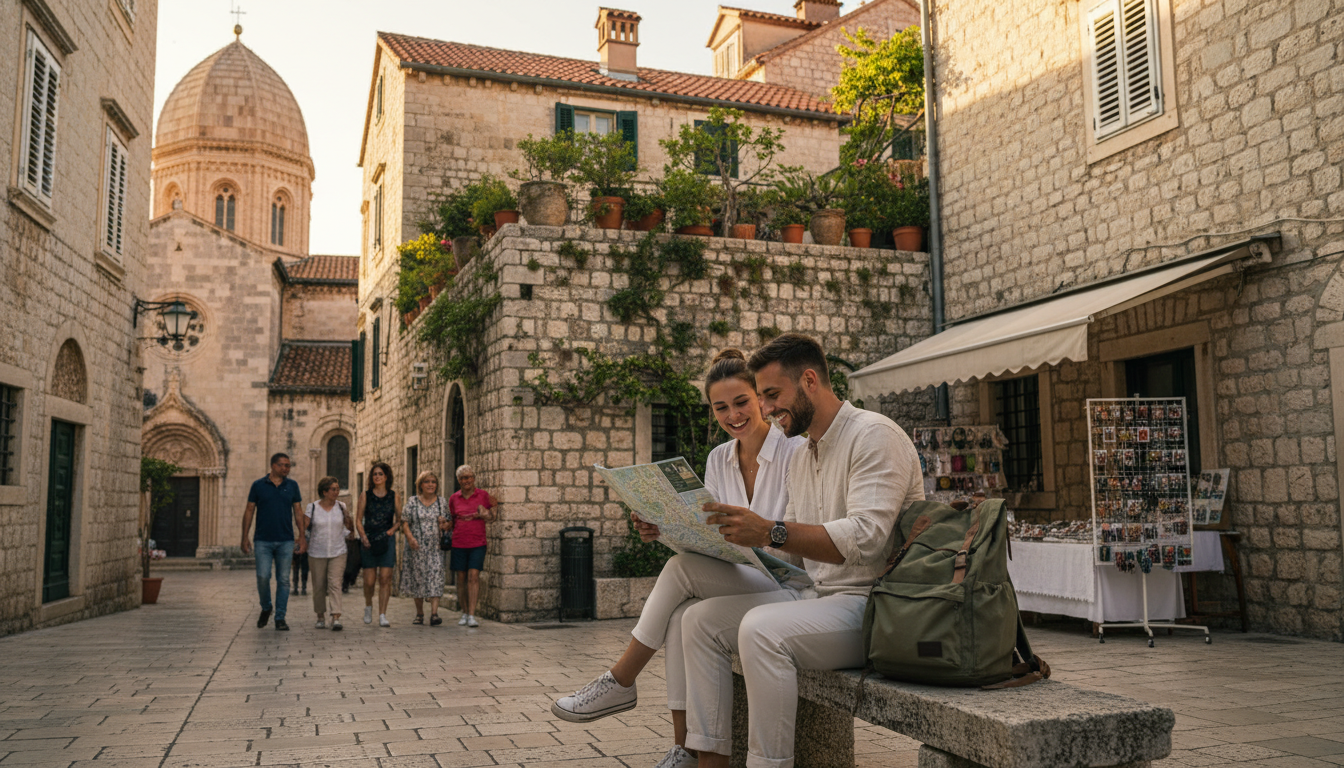 A vibrant and photorealistic image depicting a serene travel scene in Šibenik, Croatia, showcasing practical travel tips for summer. In the foreground, a couple wearing casual, modest clothing examines a map, smiling and looking engaged, with a backpack resting beside them. The middle ground features picturesque medieval architecture, with warm sunlight illuminating the scene, highlighting the stone façades and lush greenery, while locals go about their daily routines in the background. The setting includes iconic landmarks of Šibenik such as the Cathedral of St. James, bathed in golden hour light. The mood is relaxed and inviting, encouraging travelers to explore hidden gems and enjoy a less crowded experience. The image is captured with a DSLR aesthetic, emphasizing natural colors and clear details.