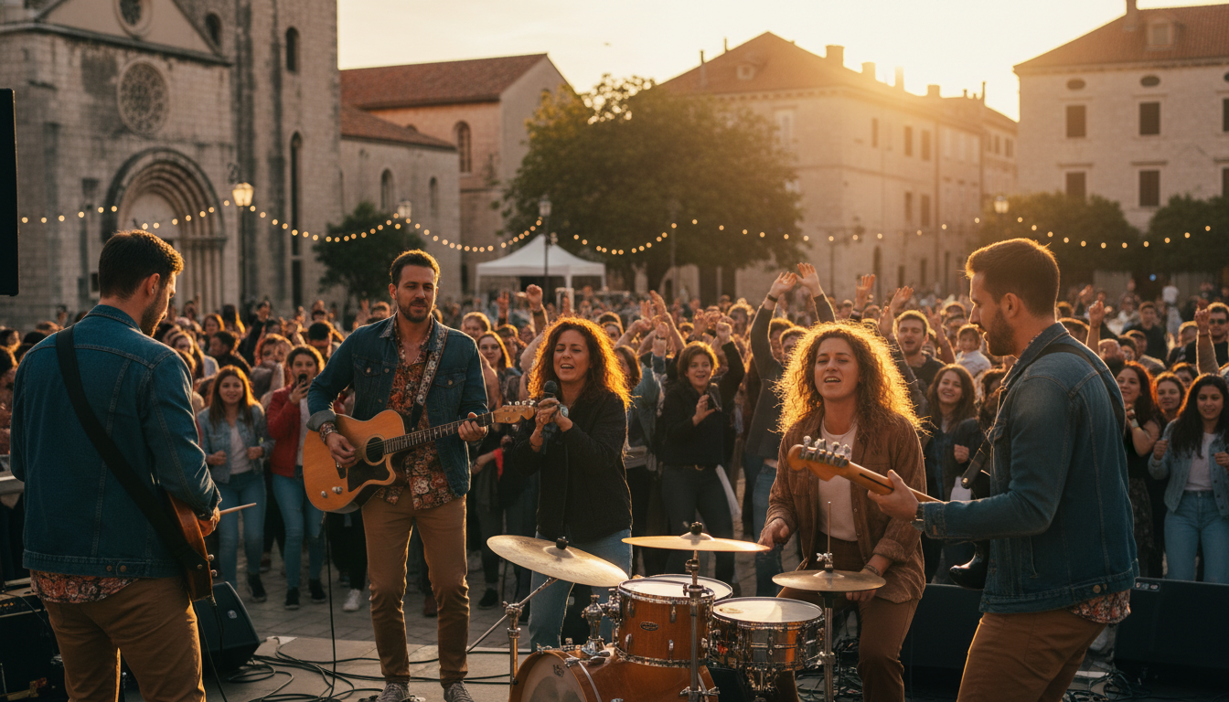 A vibrant live music performance set in Šibenik, capturing a diverse crowd enjoying an outdoor concert. In the foreground, musicians in casual yet professional attire passionately playing guitars and drums, their expressions full of energy. The middle ground features an engaged audience swaying to the rhythm, their faces illuminated by warm, natural lighting. The background showcases the historic architecture of Šibenik, with stone buildings and twinkling lights enhancing the ambiance. Golden hour lighting bathes the scene in a warm glow, creating a festive and inviting atmosphere. The shot is taken from a slightly elevated angle, simulating the perspective of a captivated spectator in the crowd, providing a clear, photorealistic view of the local music scene.