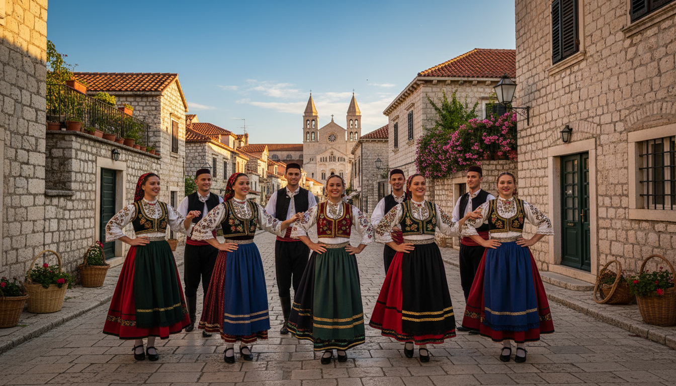 A vibrant scene depicting the traditional folk customs of Šibenik, showcasing individuals adorned in authentic local dress. In the foreground, a group of men and women, wearing traditional Šibenik attire characterized by intricate embroidery, vibrant colors, and distinctive accessories, engage in a folk dance, expressing joy and community spirit. In the middle ground, a picturesque cobblestone street typical of Šibenik, lined with charming stone buildings and local flowers, adds to the cultural ambiance. In the background, the silhouette of St. James Cathedral against a clear blue sky highlights the city's historic architecture. The image is awash in warm, natural lighting, mimicking the golden hour just before sunset, and captured with a DSLR lens for a photorealistic effect. The overall mood is festive and inviting, embodying the rich heritage of Šibenik.