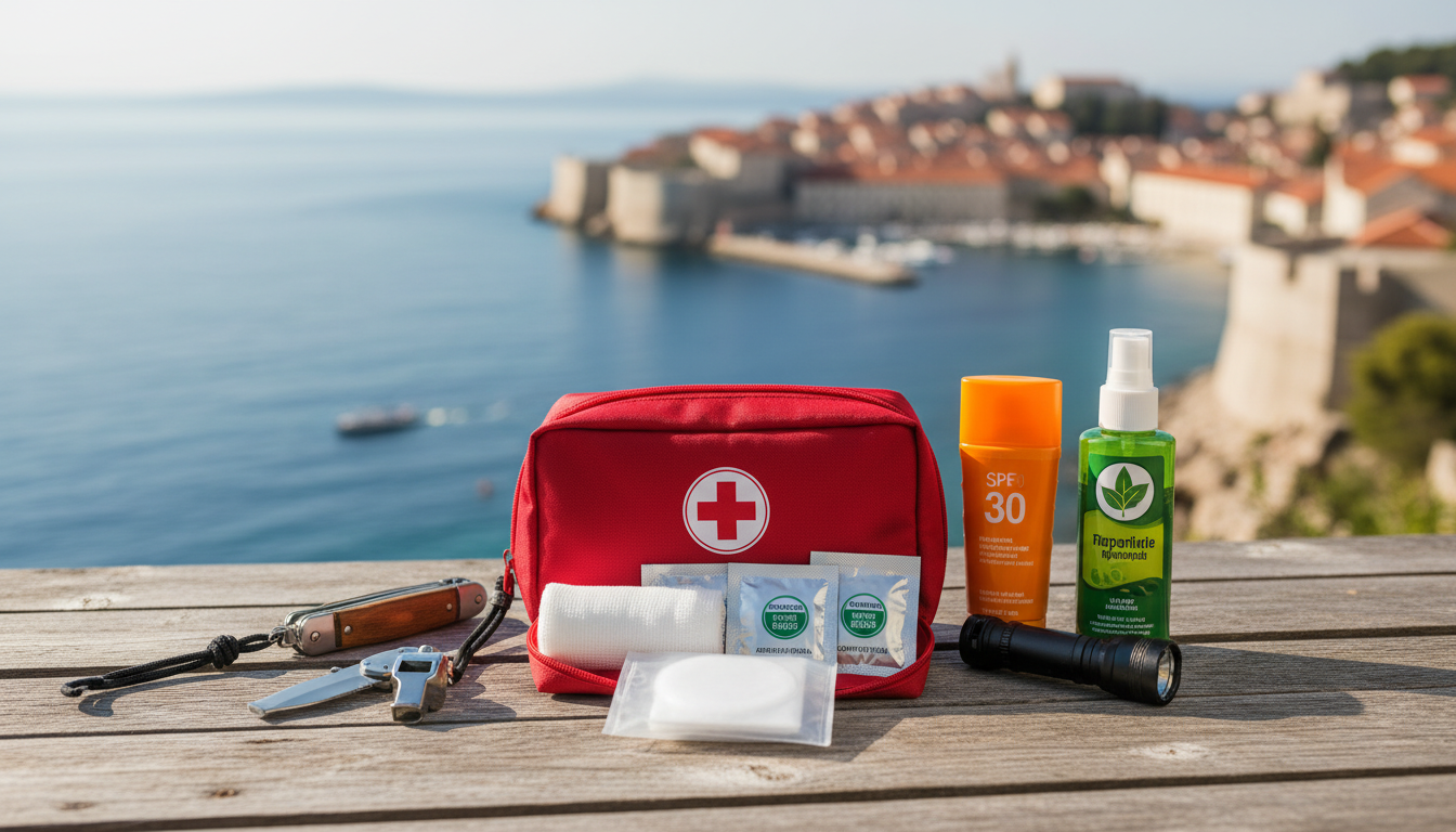 A well-organized layout of safety and first aid supplies arranged on a rustic wooden table, capturing a sense of preparedness and care. In the foreground, a red first aid kit is prominently featured, slightly open to reveal bandages, antiseptic wipes, and a CPR mask. To the sides, compact emergency items like a whistle, pocket knife, and flashlight are neatly placed. In the middle, a travel-sized sunscreen bottle and insect repellent hint at outdoor activities. The background shows a blurred view of a sunny coastal landscape, evoking a feeling of adventure in Šibenik. Soft, natural lighting enhances the colors of the supplies, creating a warm, inviting atmosphere. The composition has a shallow depth of field, focusing on the first aid kit while subtly blurring the background elements.