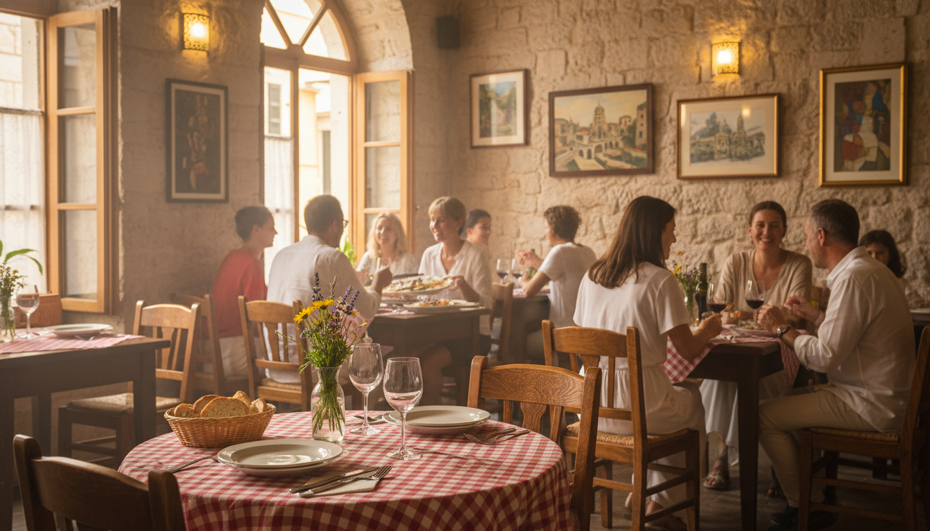A charming, cozy local restaurant in Old Town Šibenik, featuring rustic wooden furniture and inviting, warm lighting. In the foreground, a small round table is set for lunch, adorned with a checkered tablecloth and fresh flowers in a vase. The middle ground reveals a warm, bustling atmosphere with patrons enjoying their meals, dressed in modest casual clothing, and engaging in cheerful conversation. The background showcases the aged stone walls of the restaurant, with beautiful artwork and decorative lighting fixtures. Golden sunlight filters through the large windows, casting a gentle glow over the scene, creating a welcoming and intimate mood. The overall image exudes warmth, inviting viewers to experience the charm and comfort of local dining.