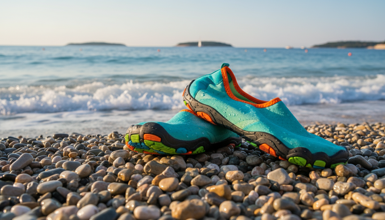 A close-up view of colorful pebble beach water shoes resting on a smooth, sunlit pebble shore, with soft rippling water gently lapping in the background. In the foreground, the shoes should be portrayed with intricate details, showcasing their sturdy yet breathable material, designed for comfort and functionality. The middle layer includes pebbles in various natural colors, blending seamlessly, while the background features a tranquil beach setting under a clear blue sky. The lighting is warm and inviting, evoking a serene atmosphere. The photograph should have a realistic DSLR quality, highlighting the textures and natural colors, capturing the essence of relaxing by Sibenik's picturesque beaches.