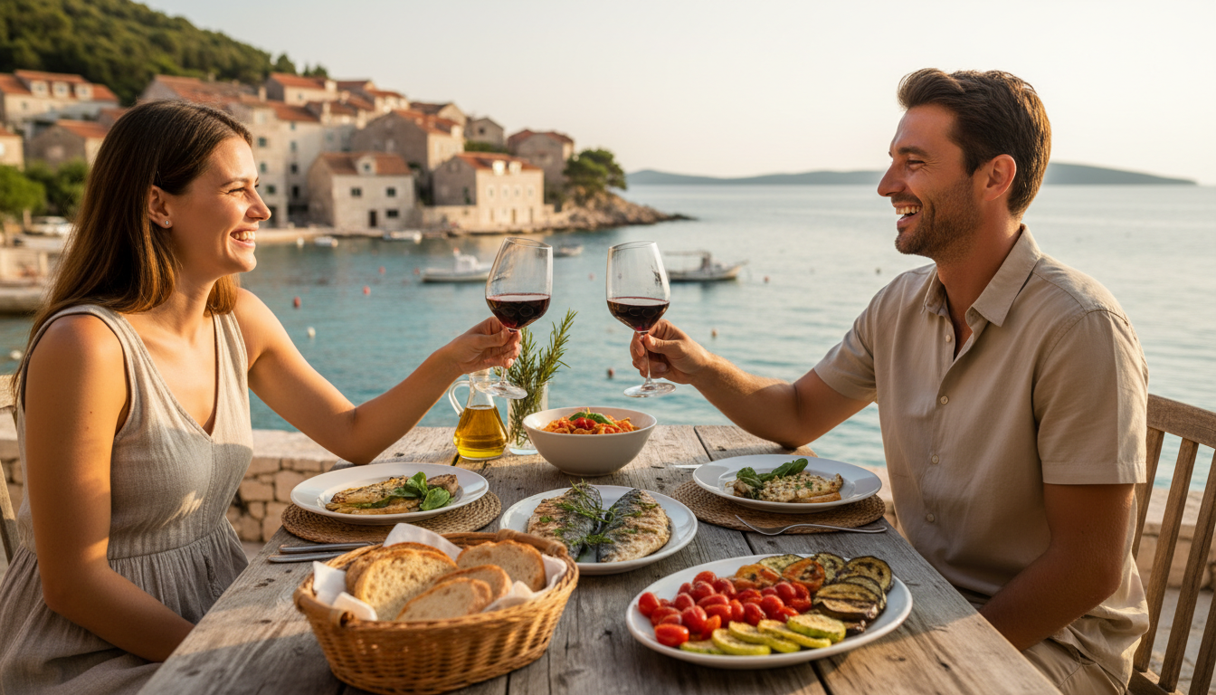 A cozy Dalmatian dining scene featuring a beautifully set wooden table adorned with an array of traditional dishes such as fresh seafood, grilled vegetables, and homemade pasta. In the foreground, a friendly couple in modest casual clothing, engaging in a joyful conversation while sampling the cuisine, smiles as they toast with glasses of local wine. The middle ground showcases colorful dishes and a rustic bread basket, with herbs and olive oil accents. The background features a quaint Dalmatian coastal village bathed in warm, golden sunlight, set against the sparkling Adriatic Sea. The atmosphere is inviting and lively, capturing the essence of enjoying authentic Dalmatian cuisine. Shot with a DSLR for a photorealistic look, emphasizing natural colors and warm lighting.