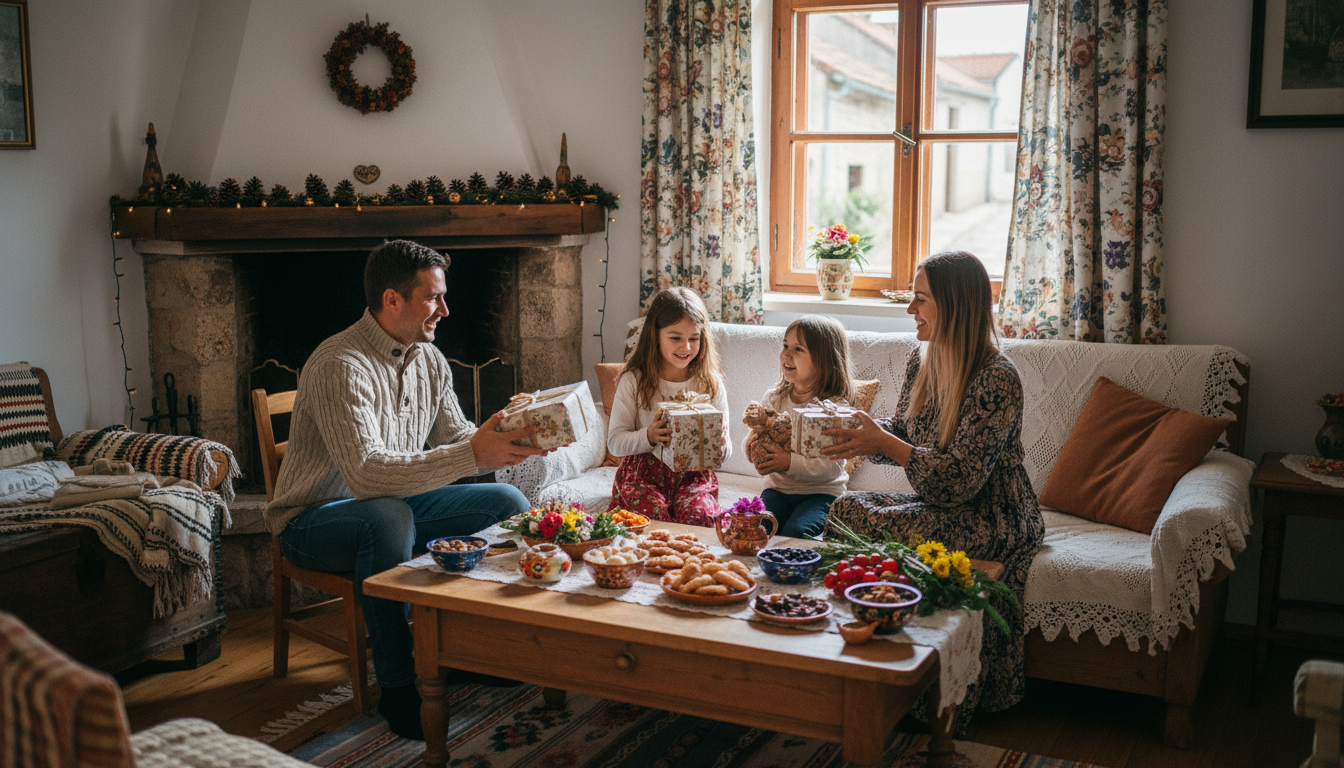 A cozy living room scene in a Croatian home featuring a warm, inviting atmosphere. In the foreground, a family of four—two adults in modest casual clothing and two children—smiling as they exchange gifts. The adults hold beautifully wrapped packages, while the children look excited. The middle ground showcases a wooden coffee table adorned with traditional Croatian pastries and colorful decorations. In the background, a window lets in soft, natural light, illuminating the room filled with rustic furniture and floral-patterned curtains. The mood is cheerful and welcoming, highlighting the cultural norm of gift-giving during home visits in Croatia. The composition has a photorealistic quality, resembling a snapshot taken with a DSLR camera, capturing the essence of family togetherness and hospitality. A cozy living room scene in a Croatian home featuring a warm, inviting atmosphere. In the foreground, a family of four—two adults in modest casual clothing and two children—smiling as they exchange gifts. The adults hold beautifully wrapped packages, while the children look excited. The middle ground showcases a wooden coffee table adorned with traditional Croatian pastries and colorful decorations. In the background, a window lets in soft, natural light, illuminating the room filled with rustic furniture and floral-patterned curtains. The mood is cheerful and welcoming, highlighting the cultural norm of gift-giving during home visits in Croatia. The composition has a photorealistic quality, resembling a snapshot taken with a DSLR camera, capturing the essence of family togetherness and hospitality.