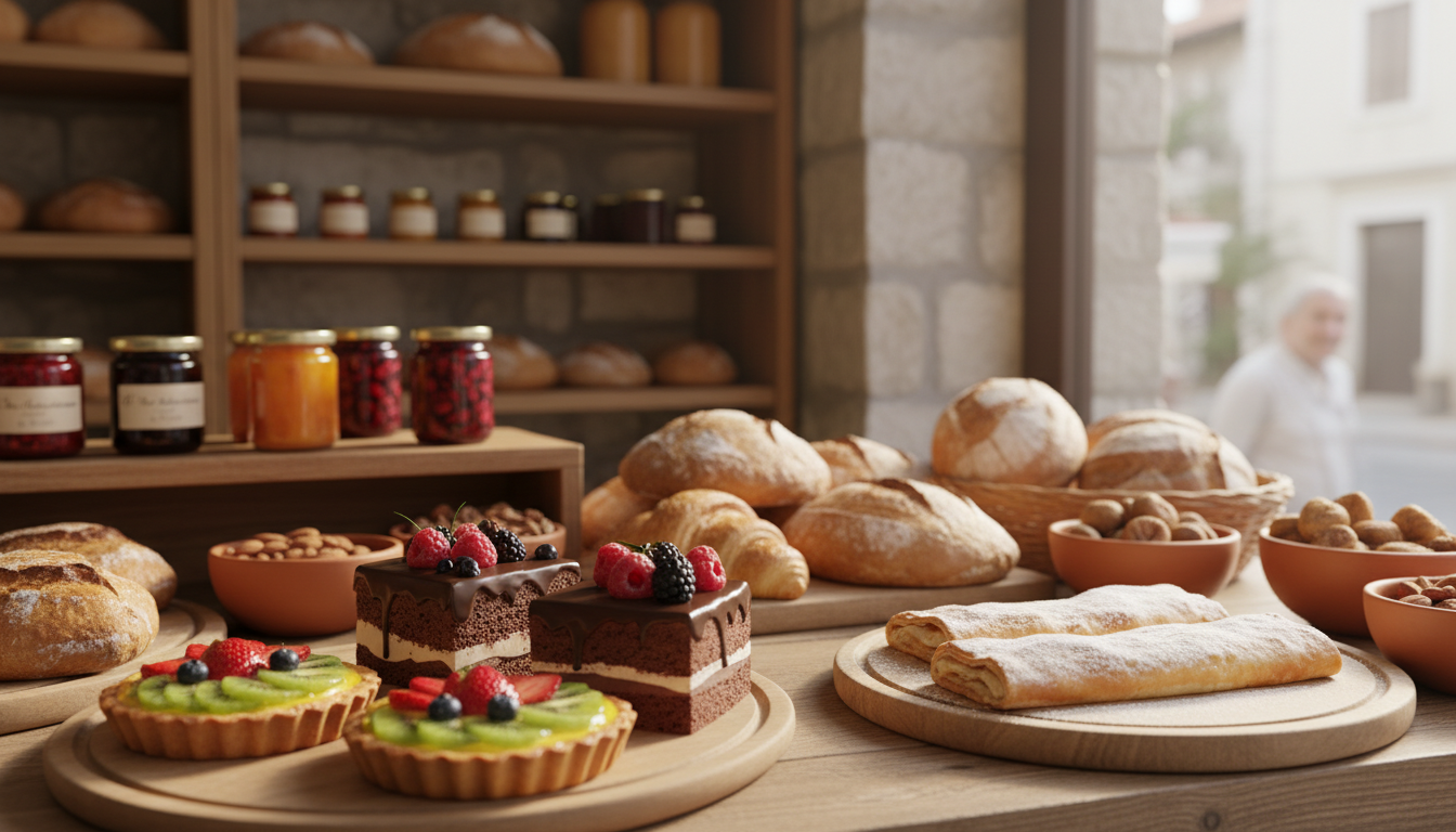 A cozy, sunlit bakery display filled with an array of local desserts from Sibenik, featuring delicate pastries, colorful cakes, and traditional Croatian sweets. In the foreground, a beautifully arranged platter showcases a rich chocolate cake with vibrant fruit tarts and scrumptious strudel. The middle ground reveals fresh loaves of bread and flaky croissants, highlighting the artistry of the local bakers. The background includes warm wooden shelves lined with jars of homemade jams and local ingredients. The lighting is soft and natural, creating a welcoming atmosphere that evokes a sense of warmth and indulgence. The composition has a DSLR look with a slight depth of field, focusing on the desserts while softly blurring the background, enhancing the inviting mood of this hidden culinary gem.