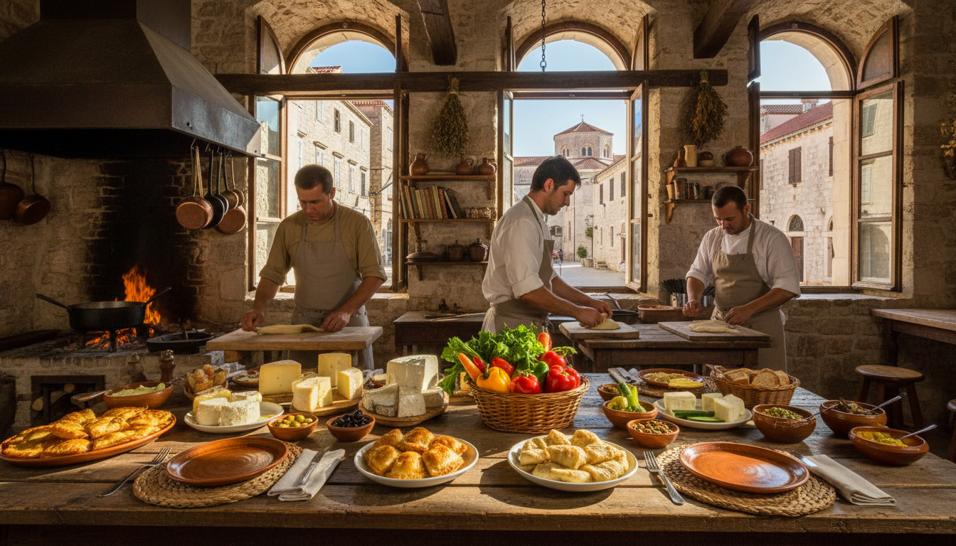 A picturesque local culinary heritage restaurant in Sibenik, featuring dishes made from traditional recipes. In the foreground, a beautifully set wooden table adorned with local delicacies like fresh pastries, cheeses, and vibrant vegetables. The middle ground showcases chefs in modest casual clothing, passionately preparing meals in an open kitchen, surrounded by vintage cookware and rustic decor that reflects the region's history. In the background, sunlit views of Sibenik’s charming stone streets and historical buildings. The scene is illuminated by warm, natural lighting that enhances the inviting atmosphere. The composition captures the essence of community and culinary revival, with a photorealistic style and true-to-life colors, resembling a high-quality DSLR photograph. A picturesque local culinary heritage restaurant in Sibenik, featuring dishes made from traditional recipes. In the foreground, a beautifully set wooden table adorned with local delicacies like fresh pastries, cheeses, and vibrant vegetables. The middle ground showcases chefs in modest casual clothing, passionately preparing meals in an open kitchen, surrounded by vintage cookware and rustic decor that reflects the region's history. In the background, sunlit views of Sibenik’s charming stone streets and historical buildings. The scene is illuminated by warm, natural lighting that enhances the inviting atmosphere. The composition captures the essence of community and culinary revival, with a photorealistic style and true-to-life colors, resembling a high-quality DSLR photograph.