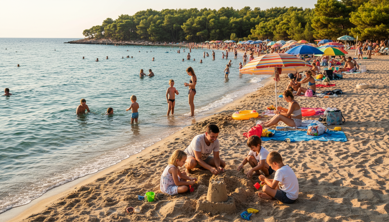A scenic view of Podsolarsko Beach, capturing a vibrant, family-friendly atmosphere. In the foreground, a joyful family with children is playing on the soft sandy beach, building sandcastles and enjoying the sun, dressed in modest summer clothing. In the middle ground, several families can be seen relaxing under colorful umbrellas, with picnic blankets spread out, surrounded by beach toys and small children splashing in the gentle waves. The background features lush green pine trees bordering the beach, with the sparkling blue Adriatic Sea reflecting the cheerful afternoon sunlight. The image is composed with a wide-angle shot that highlights the beach's spaciousness, employing natural colors for a warm and inviting feel, evoking a sense of fun and relaxation.