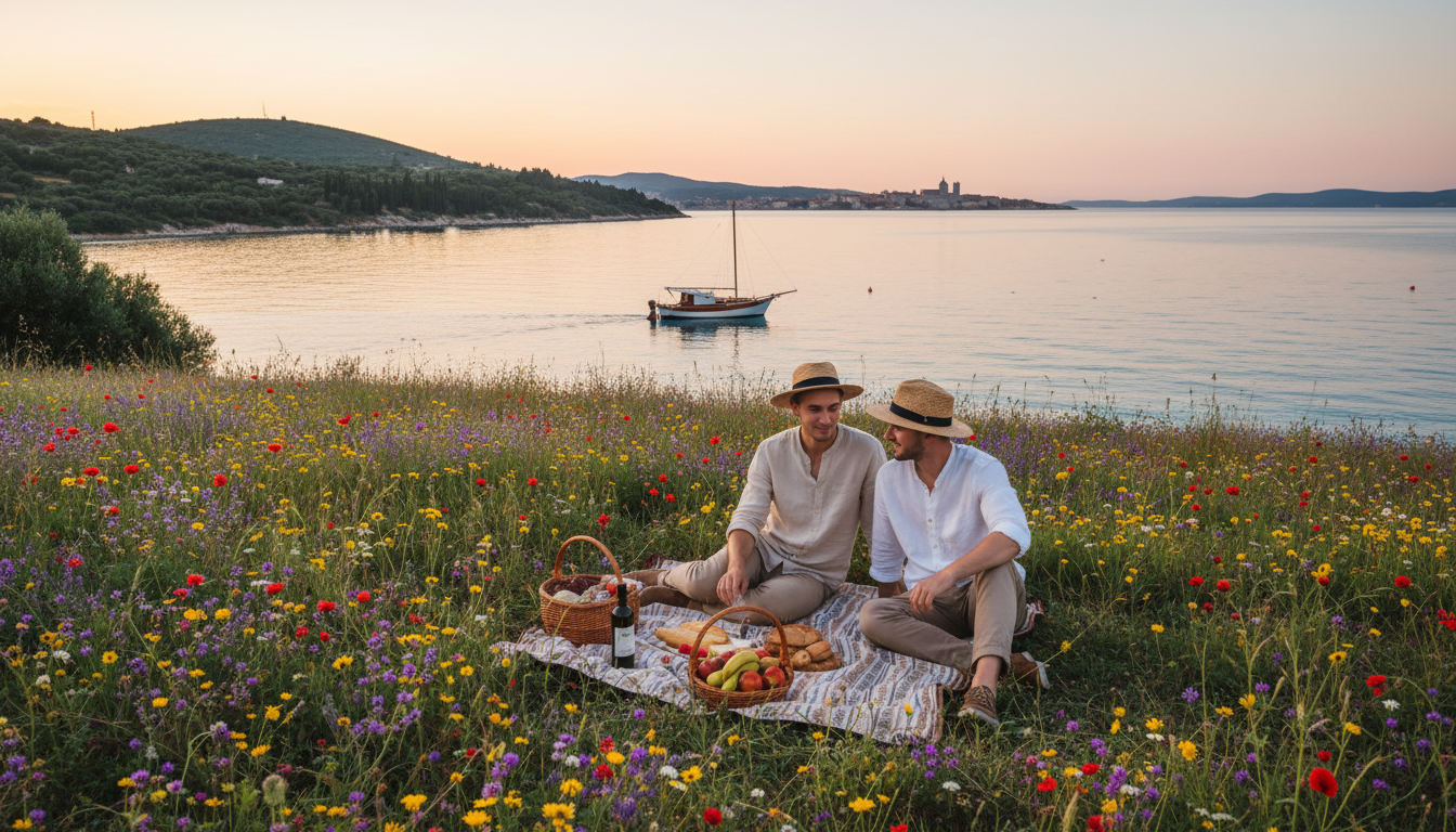 A scenic view of a tranquil day trip from Šibenik, showcasing a picturesque coastal landscape. In the foreground, a couple in modest casual clothing is enjoying a leisurely picnic on a grassy hill, surrounded by vibrant wildflowers. The middle ground features a small, charming boat gently bobbing in the crystal-clear Adriatic Sea, with a backdrop of rolling hills and lush greenery. In the background, the iconic Šibenik skyline can be seen under a soft, pastel sunset, casting warm, golden light across the scene. The image captures a sense of relaxation and the beauty of slow travel, with natural colors emphasizing the serene atmosphere, a DSLR look, and no text or filters.
