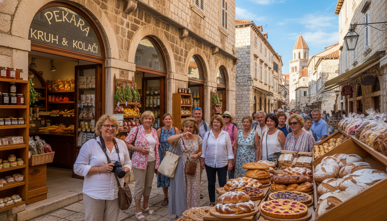 A scenic view of a vibrant walking tour through Sibenik's culinary scene, showcasing a charming cobblestone street lined with traditional bakeries. In the foreground, a diverse group of people in modest casual clothing is engaging with bakery displays, admiring freshly baked goods like artisan breads and pastries. The middle-ground features warm wooden storefronts, with inviting window displays showcasing colorful treats and local ingredients. The background presents the historic architecture of Sibenik, with a sunny blue sky casting natural light, enhancing the warm tones of the bakeries. The atmosphere is lively and friendly, creating a sense of community and culinary adventure. Photorealistic style, capturing the essence of a bustling local experience, with a DSLR perspective. A scenic view of a vibrant walking tour through Sibenik's culinary scene, showcasing a charming cobblestone street lined with traditional bakeries. In the foreground, a diverse group of people in modest casual clothing is engaging with bakery displays, admiring freshly baked goods like artisan breads and pastries. The middle-ground features warm wooden storefronts, with inviting window displays showcasing colorful treats and local ingredients. The background presents the historic architecture of Sibenik, with a sunny blue sky casting natural light, enhancing the warm tones of the bakeries. The atmosphere is lively and friendly, creating a sense of community and culinary adventure. Photorealistic style, capturing the essence of a bustling local experience, with a DSLR perspective.