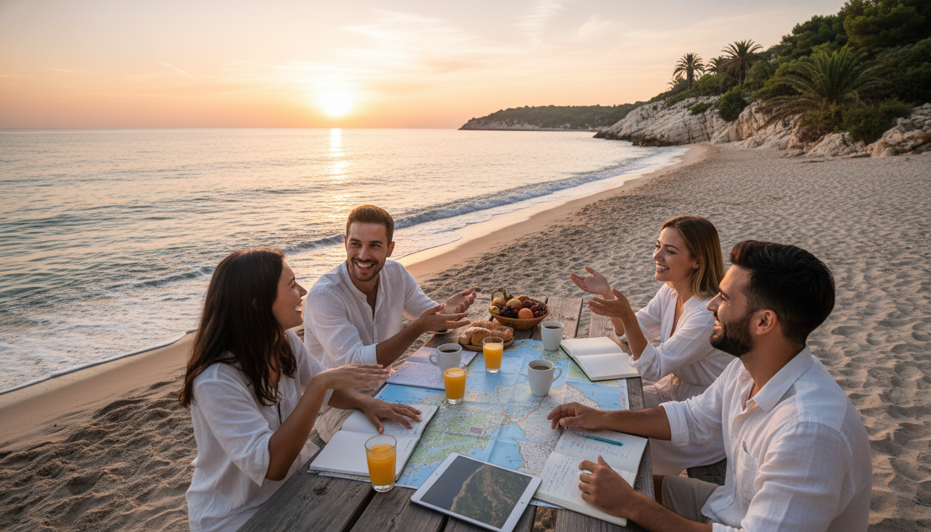 A serene coastal scene depicting individuals planning a beach hopping itinerary along the beautiful shores of Sibenik at dawn. In the foreground, a diverse group of people, dressed in casual summer clothing, gather around a picnic table strewn with maps, notebooks, and refreshing beverages, discussing their plans enthusiastically. The middle ground features a picturesque sandy beach with gentle waves lapping at the shore, framed by lush greenery and rocky cliffs. In the background, the soft hues of sunrise cast a warm glow over the tranquil sea, enhancing the inviting atmosphere. The composition captures the excitement and anticipation of a perfect day at the beach, with natural colors and a photorealistic quality akin to a DSLR shot.