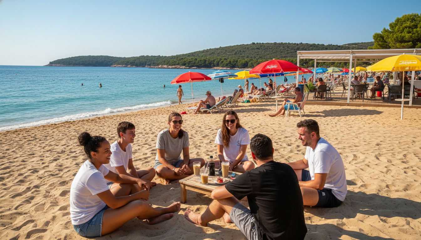A serene view of Podsolarsko Beach, a local hangout in Sibenik, Croatia. In the foreground, a few groups of diverse people are gathered on soft golden sand, laughing and enjoying the sunny atmosphere, dressed in modest casual attire. The middle ground features colorful beach umbrellas and a small café with people sipping drinks, creating a casual, friendly vibe. The background showcases calm, crystal-clear waters gently lapping against the shore, framed by lush, green hills under a bright blue sky. The sun is positioned high, casting warm, natural light across the scene, emphasizing the relaxed and inviting atmosphere. The image reflects a photorealistic style with vibrant, natural colors, capturing the essence of this local gem without any text or distractions.