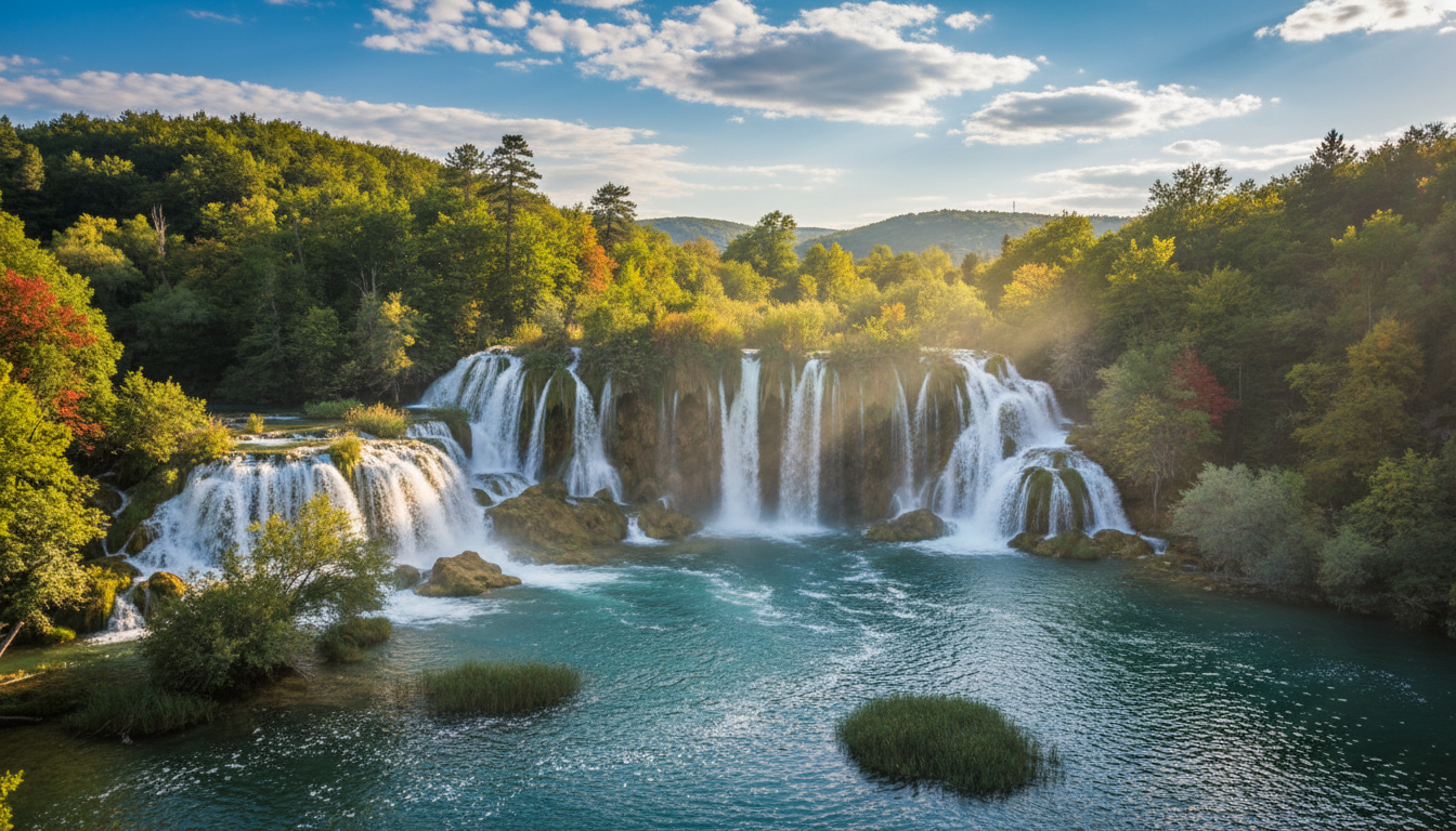 A stunning view of the Krka National Park waterfalls, showcasing the cascading water flowing over limestone formations, surrounded by lush green forests and vibrant foliage. In the foreground, clear blue water pools reflect the sunlight, creating sparkling highlights. The middle ground features the dramatic waterfalls plunging into serene river basins, with gentle mist rising into the air. In the background, the trees frame the scene, leading to soft, rolling hills under a bright blue sky dotted with fluffy white clouds. The lighting is warm and inviting, reminiscent of a late afternoon. Capture this natural beauty with a photorealistic style, evoking a sense of tranquility and adventure, ideal for outdoor enthusiasts seeking nearby attractions.