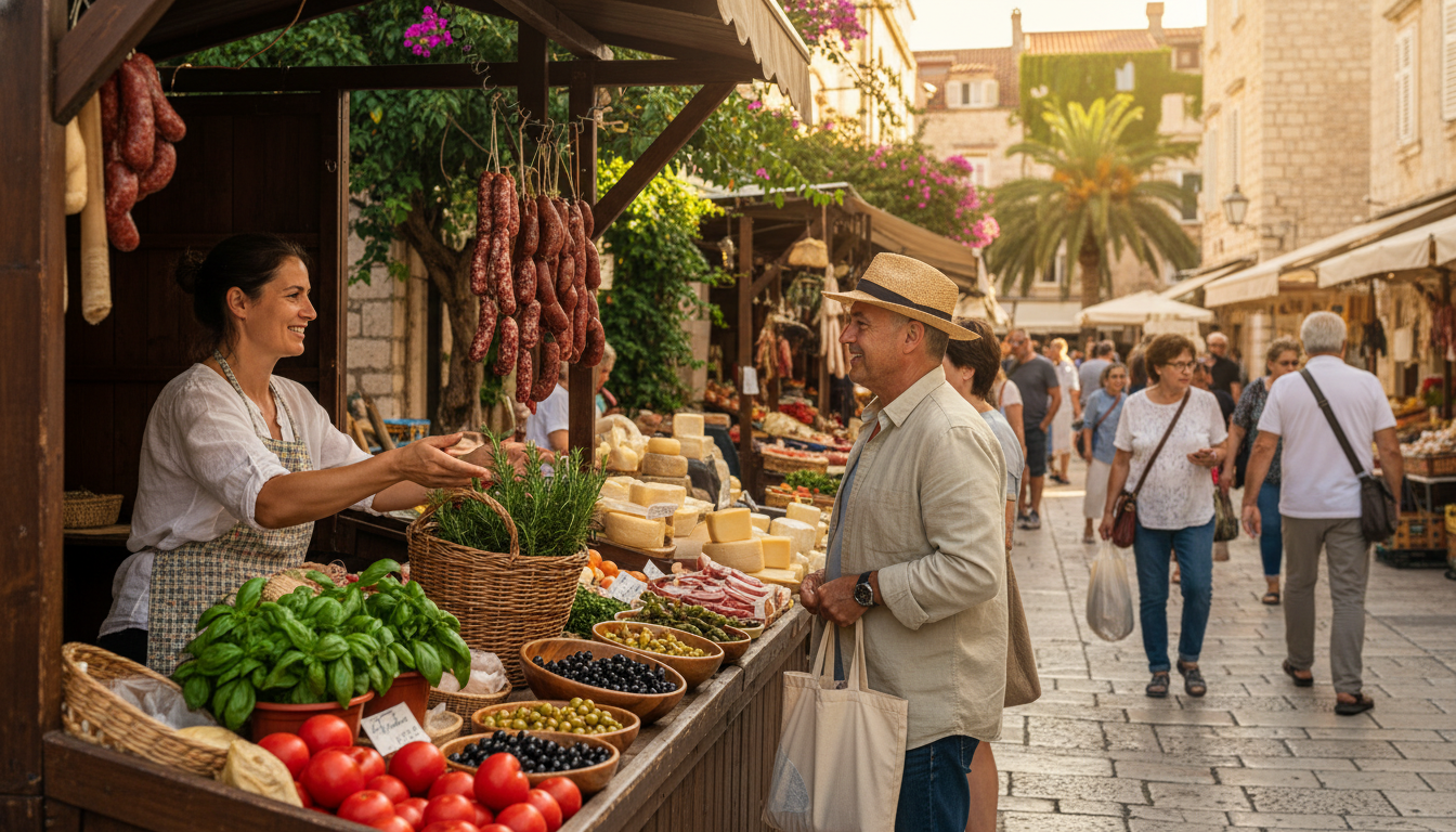 A vibrant Sibenik market scene filled with seasonal local ingredients, captured in a photorealistic style. In the foreground, a wooden stall brimming with colorful fruits and vegetables—ripe tomatoes, fresh basil, and locally sourced olives. A vendor, dressed in modest casual clothing, is interacting with a customer, pointing at a basket of aromatic herbs. In the middle, stone-paved pathways bustling with shoppers and other stalls displaying homemade cheeses and cured meats, all bathed in warm, natural lighting from the afternoon sun. In the background, the historic architecture of Sibenik gently frames the scene, accented by vivid greenery, creating a lively yet relaxed atmosphere. Shot with a DSLR-like focus, emphasizing the richness of the local flavors and the charm of the market experience.