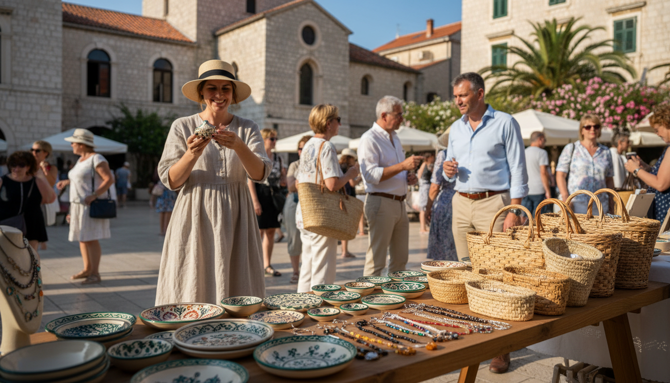 A vibrant open-air market in Šibenik, bustling with shoppers exploring handcrafted souvenirs and jewelry. In the foreground, a beautifully arranged display table brimming with intricate local crafts—colorful ceramics, woven baskets, and unique jewelry pieces glimmering in the sunlight. The middle of the scene showcases locals, including a woman in modest casual clothing and a man in professional attire, engaging with vendors and examining the crafts with curiosity. The background features historic stone architecture typical of Šibenik, with a clear blue sky overhead. The atmosphere is lively and inviting, capturing the essence of local culture and the joy of discovery. Soft, natural lighting enhances the photorealistic quality, reminiscent of a DSLR photograph taken at eye level, focusing on the warmth of community and artistry.
