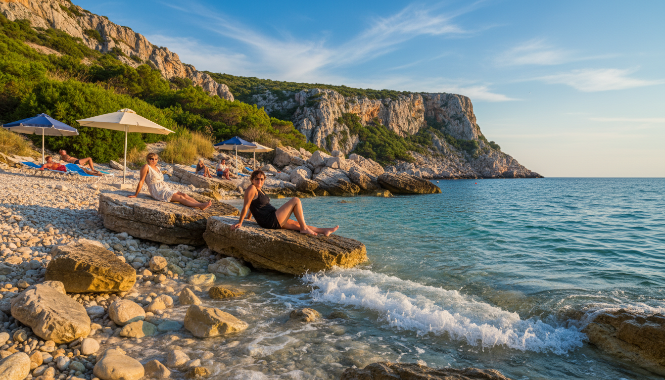 Podsolarsko Beach, a rocky gem along the Sibenik coastline, showcases clear turquoise waters lapping gently against sun-kissed stones. In the foreground, a few local visitors in modest casual clothing are lounging on the pebbles, enjoying the serene atmosphere. The middle ground features vibrant green vegetation and scattered beach umbrellas offering shade. The background presents craggy cliffs rising dramatically against a bright blue sky, with soft clouds drifting lazily. The lighting is warm and inviting, creating a golden hour glow that enhances the natural colors. The scene captures a tranquil mood, with a DSLR perspective that highlights the stunning details of this idyllic beach, evoking a sense of peace and local charm. Podsolarsko Beach, a rocky gem along the Sibenik coastline, showcases clear turquoise waters lapping gently against sun-kissed stones. In the foreground, a few local visitors in modest casual clothing are lounging on the pebbles, enjoying the serene atmosphere. The middle ground features vibrant green vegetation and scattered beach umbrellas offering shade. The background presents craggy cliffs rising dramatically against a bright blue sky, with soft clouds drifting lazily. The lighting is warm and inviting, creating a golden hour glow that enhances the natural colors. The scene captures a tranquil mood, with a DSLR perspective that highlights the stunning details of this idyllic beach, evoking a sense of peace and local charm.