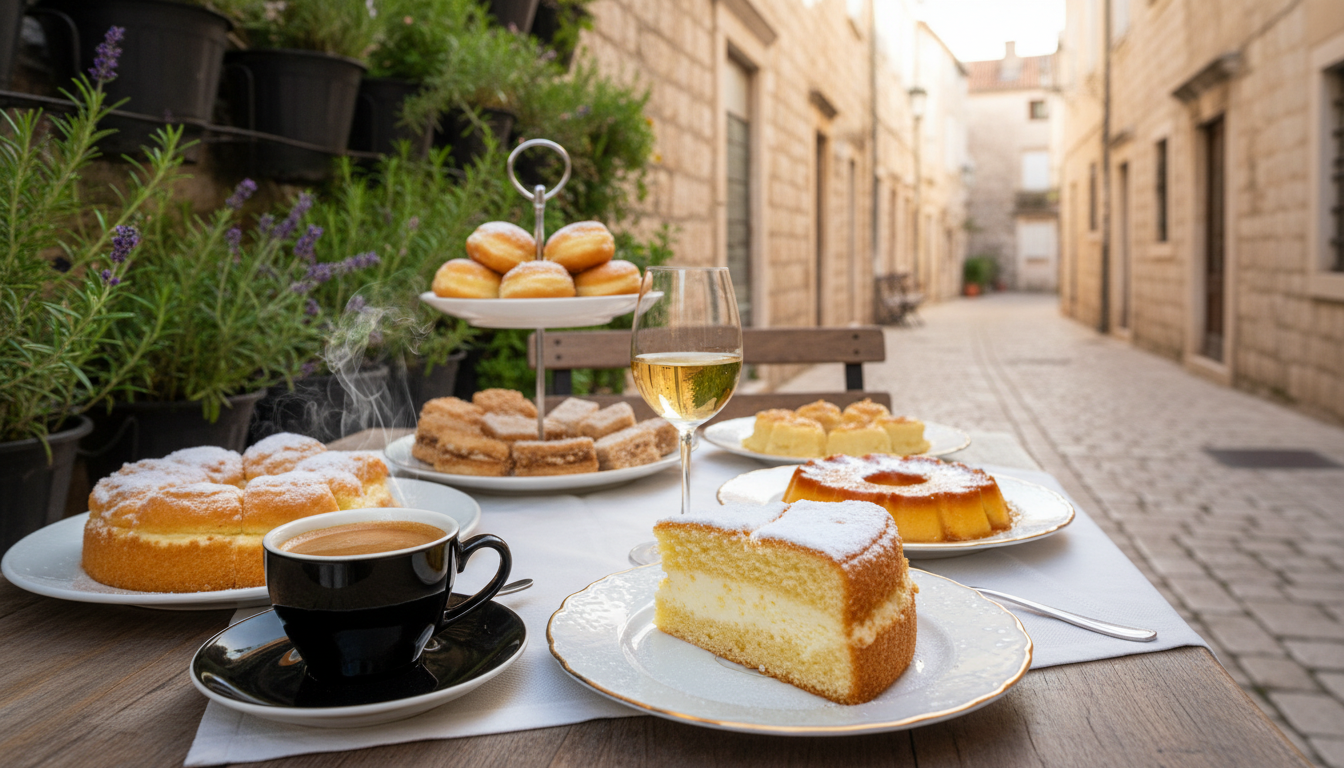 A beautifully arranged table set outdoors in Sibenik, showcasing a delectable spread of Croatian desserts paired with cups of rich coffee and glasses of local dessert wine. In the foreground, a golden slice of illuminacija cake, a delicate pastry filled with cream, next to freshly brewed coffee in an elegant cup, and a crystal glass of sweet white wine glistening in the sunlight. In the middle, lush green plants create a vibrant backdrop, with sun-dappled cobblestone pathways hinting at the historic charm of the city. The atmosphere is warm and inviting, with soft, natural lighting enhancing the colors of the desserts and beverages. The scene evokes a sense of indulgence and relaxation, perfect for savoring these sweet pairings. A DSLR-style focus captures the detail and texture of each element, creating a photorealistic, immersive image.